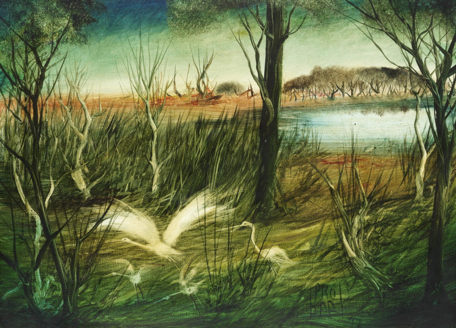 Kevin Charles (Pro) Hart (Australian, 1928-2006) Swamp: Kevin Charles (Pro) Hart (Australian, 1928-2006) Swamp with waterbirds signed 'PRO HART' (lower right) oil on board 55.3 x 76.9cm (21 3/4 x 30 1/4in).