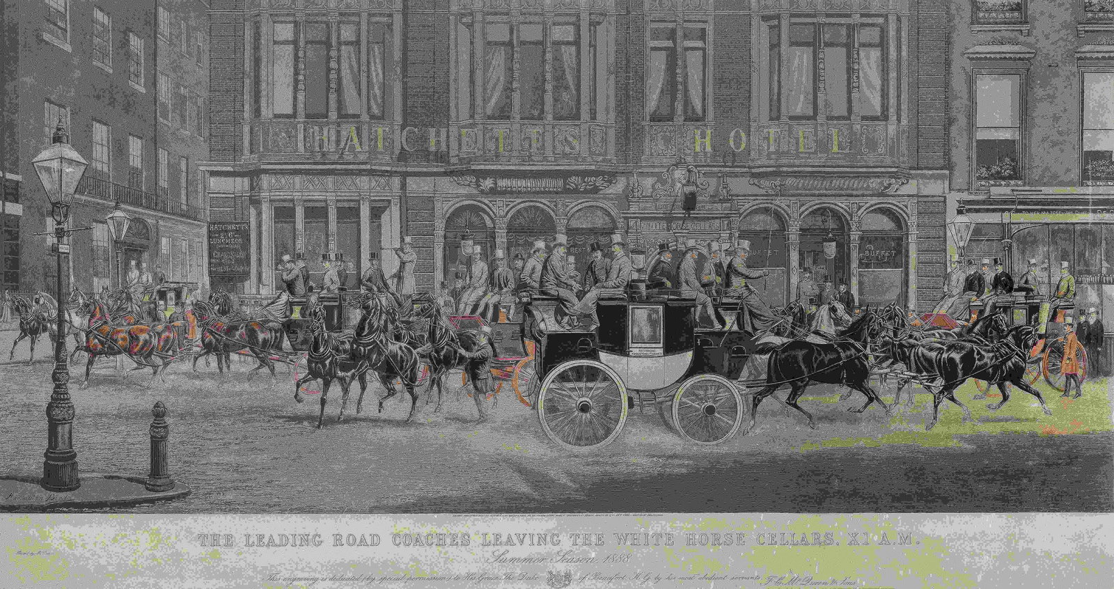 After John Alexander Harington Bird (British, 1845-1936) The leading road coaches leaving the W...: After John Alexander Harington Bird (British, 1845-1936) The leading road coaches leaving the White Horse Cellars XI A.M. Etching and aquatint with hand colouring, 1889, on wove paper, published by F.