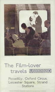 After Charles Pears, RSMA (British, 1873-1958) THE FILM-LOVER TRAVELS UNDERGROUND: After Charles Pears, RSMA (British, 1873-1958) THE FILM-LOVER TRAVELS UNDERGROUND Lithograph in colours, 1930, on wove paper, printed later, signed by Sir Michael Caine on the reverse of the frame, fr