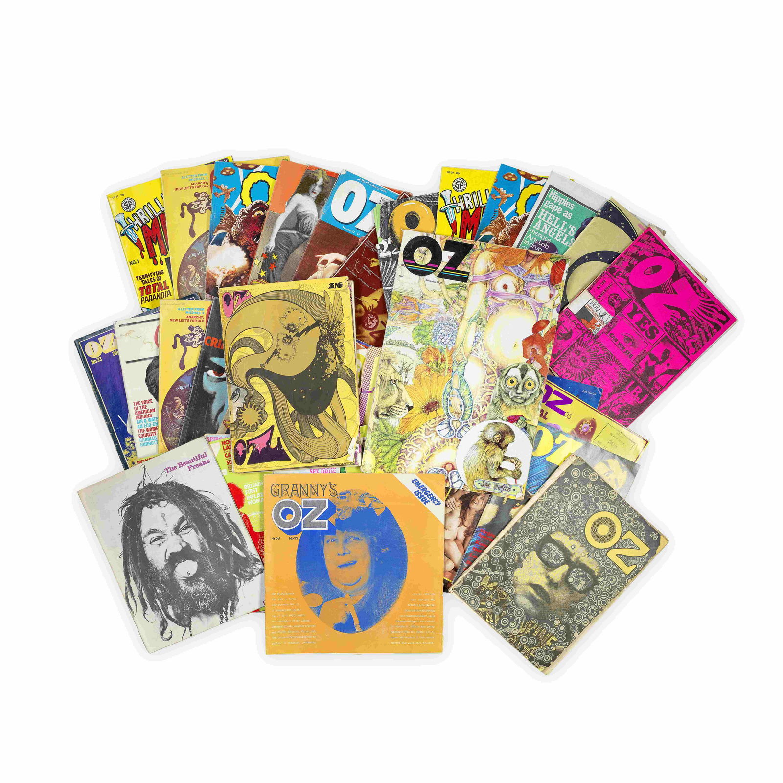 Oz Magazine A Large Collection of Magazines, 1967-1973: Oz Magazine A Large Collection of Magazines, 1967-1973 comprising: 40 issues of the London edition with features on Martin Sharp, Bob Dylan, The Doors, Hells Angels, Elektra Records etc, (Issues no.1,