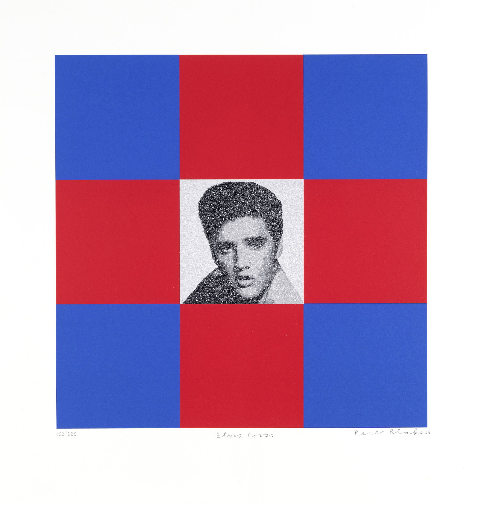 Sir Peter Blake (born 1932) Elvis Cross, 2008: Sir Peter Blake (born 1932) Elvis Cross, 2008 signed, titled, dated and numbered 152/225 in pencil screenprint in colours with diamond dust 72 x 68.8cm (28 3/8 x 27 1/16in). (unframed)