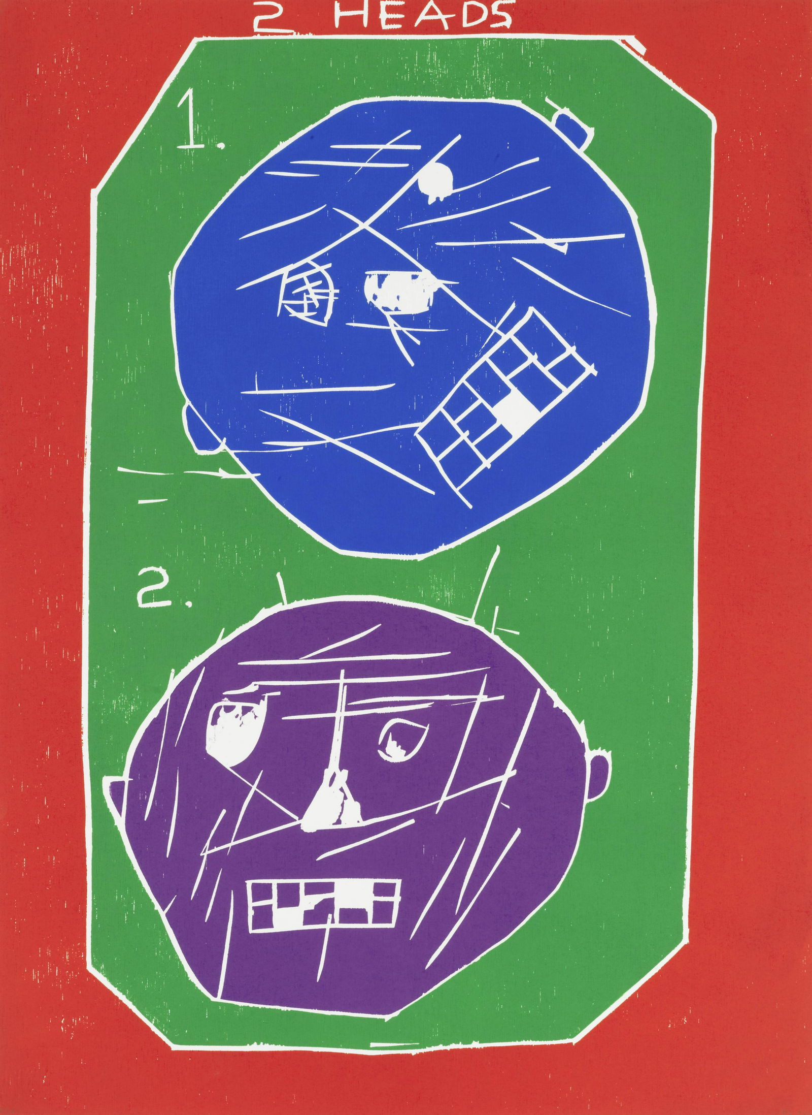 David Shrigley (born 1968) Two Heads, 2016 (unframed): David Shrigley (born 1968) Two Heads, 2016 signed with the initials, dated and numbered 6/20 in pencil woodcut printed in colours 69.6 x 49.5cm (27 3/8 x 19 1/2in). (unframed) printed