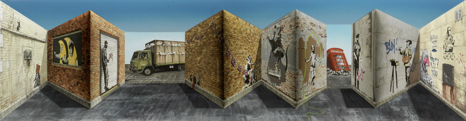 Patrick Hughes (born 1938) Banksi, 2021 overall 39 x: Patrick Hughes (born 1938) Banksi, 2021 signed and numbered 11/100 in pencil hand-painted 3D multiple with archival inkjet overall 39 x 112.5 x 17cm (15 3/8 x 44 1/4 x 6 11/16in). published by Reversp