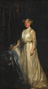 Sir James Jebusa Shannon, RA, RBA, RHA (British,: Sir James Jebusa Shannon, RA, RBA, RHA (British, 1862-1923) Portrait of a lady, standing full-length, in a cream dress, resting her right hand on a chair indistinctly signed (lower left); inscribed 'J