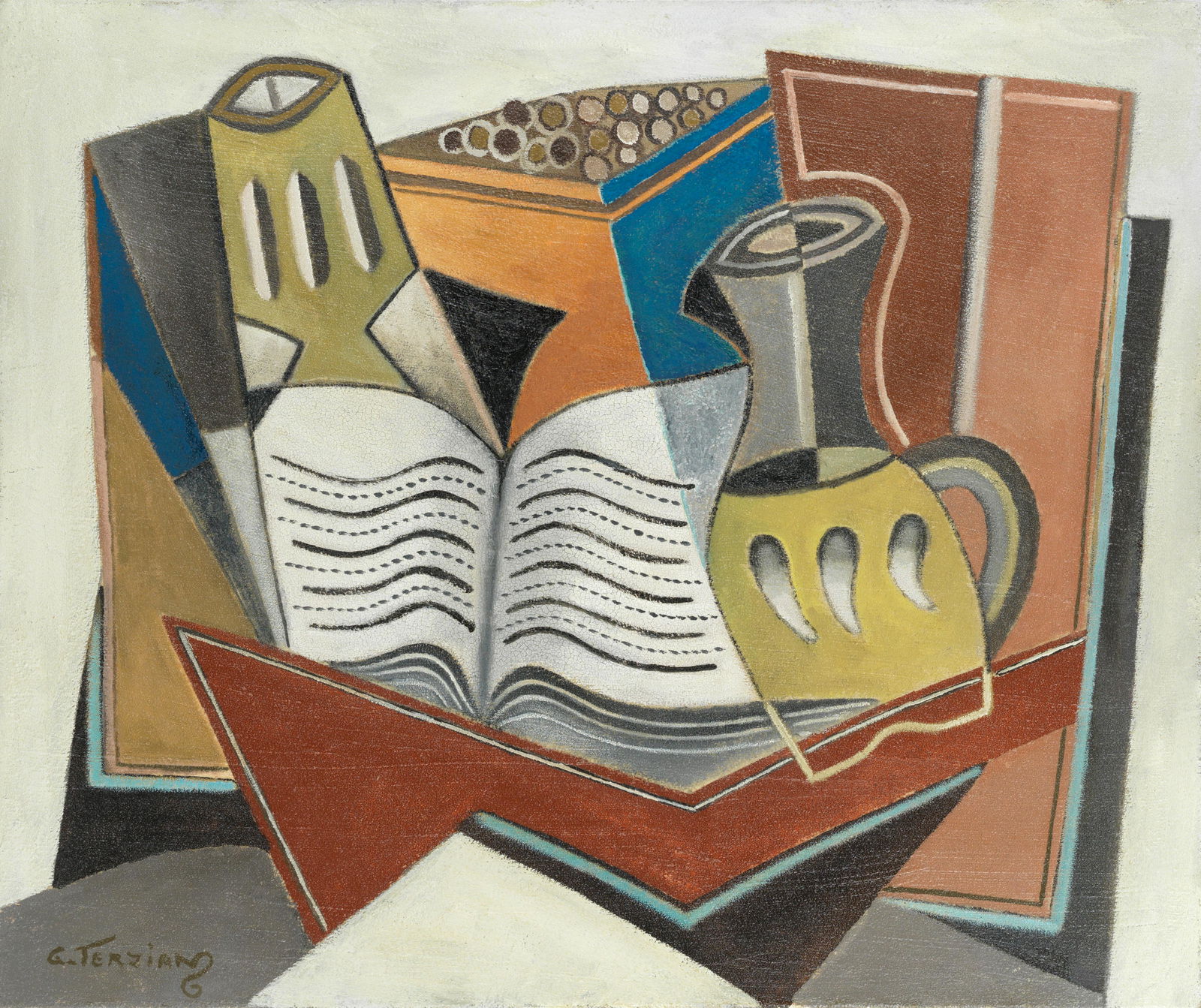 Georges Terzian (French, born 1939) 'La lettre': Georges Terzian (French, born 1939) 'La lettre' signed 'G.Terzian' (lower left); further signed, dated and title 'GEORGES TERZIAN/MAI 99/LA/LETTRE' (on the reverse) oil on canvas 46.3 x 55cm (18 1/4 x