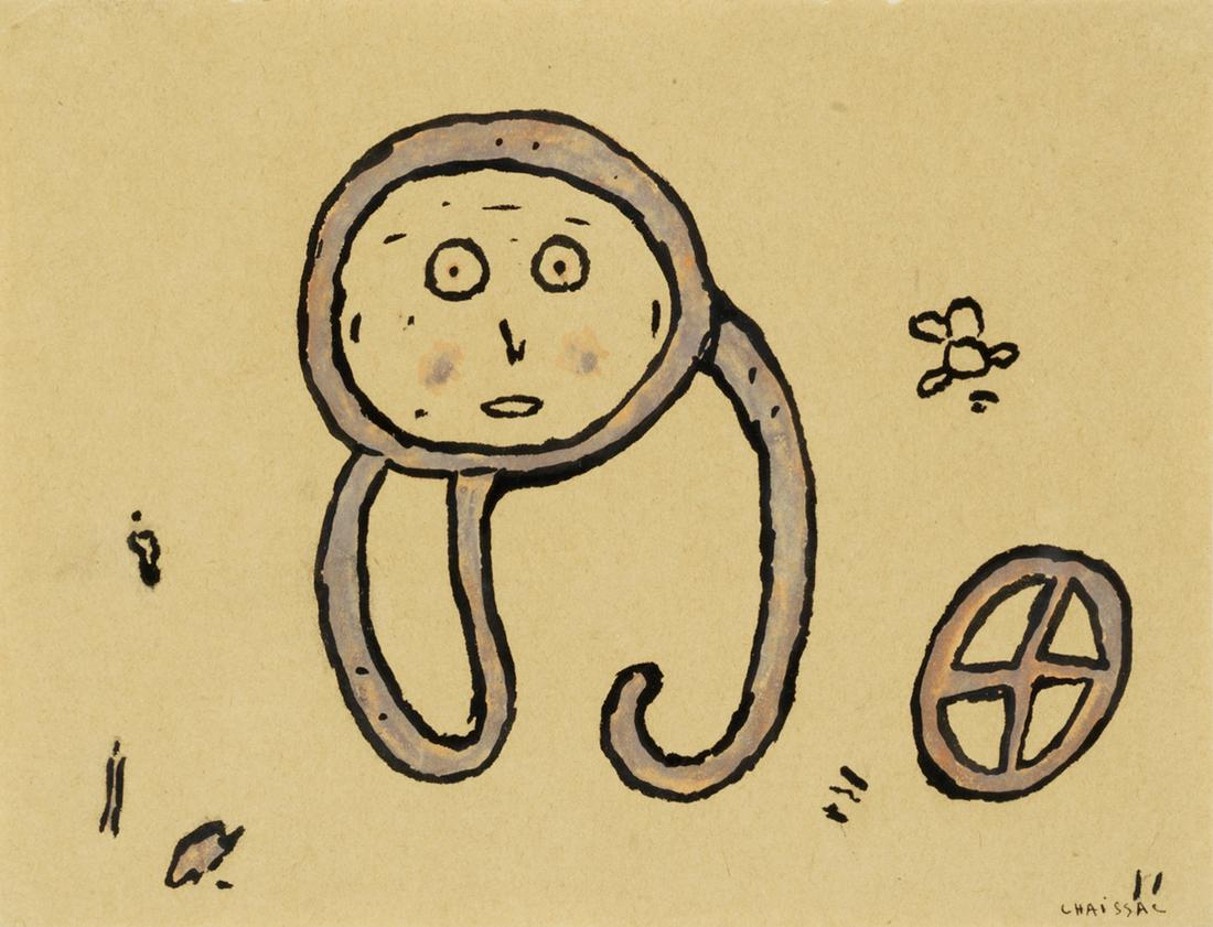 Gaston Chaissac (French, 1910-1964) Visage et roue: Gaston Chaissac (French, 1910-1964) Visage et roue signed 'CHAISSAC' (lower right) pen and ink and watercolour 16.5 x 21.6cm (6 1/2 x 8 1/2in). Footnotes: Provenance With