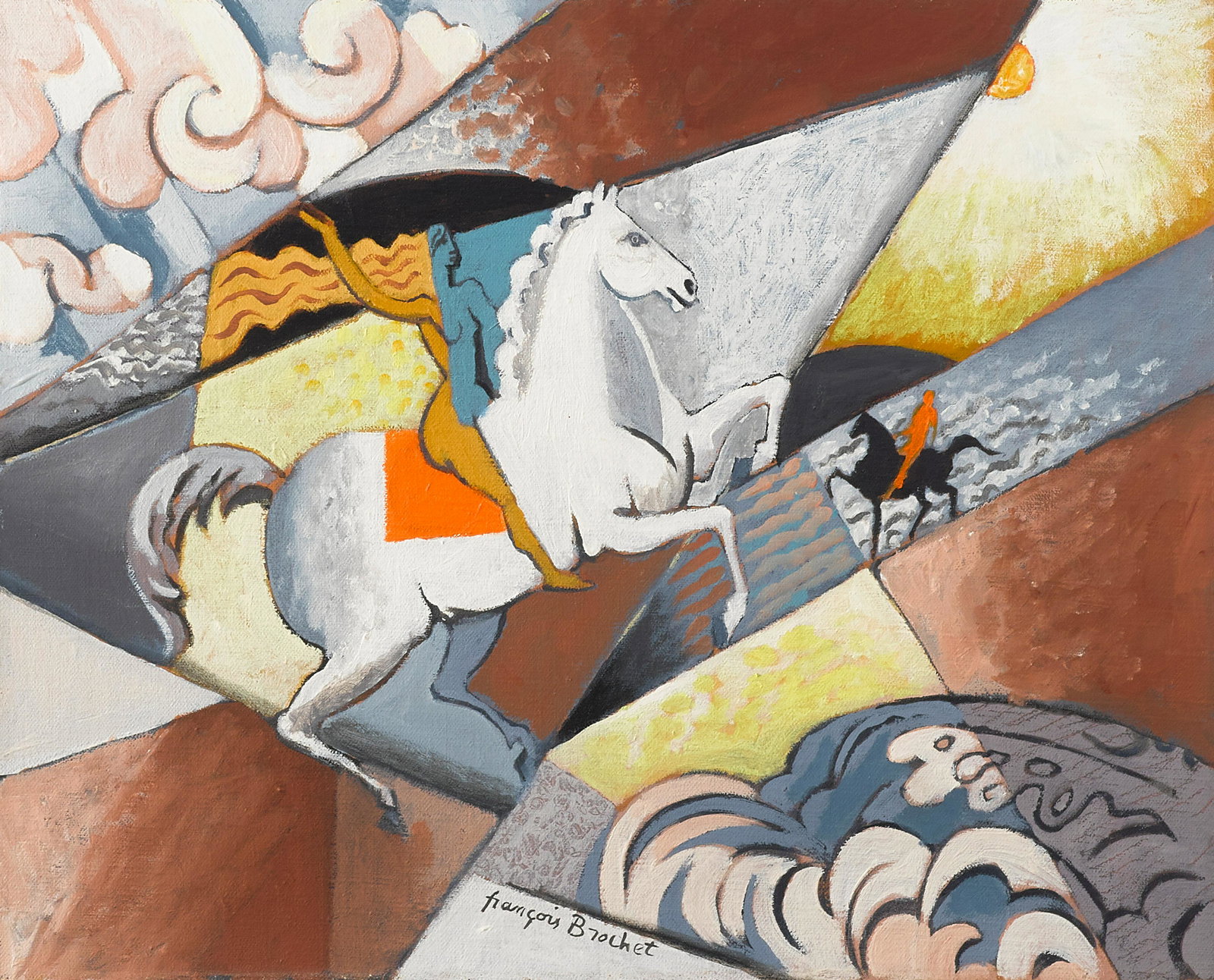 FRANÇOIS BROCHET (1925-2001) La cavalière sur: FRANÇOIS BROCHET (1925-2001) La cavalière sur la plage signed 'François Brochet' (lower center); inscribed 'La cavalière sur la plage' (on the stretcher bar) oil on canvas 13 x 16