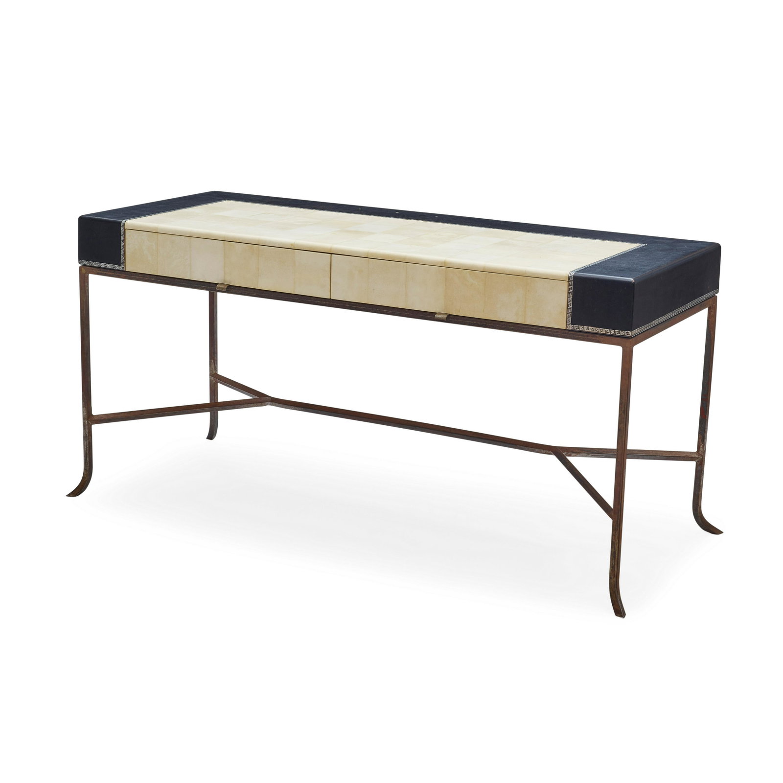 Modern Neoclassical Style Deskblack leather with Greek: Modern Neoclassical Style Desk black leather with Greek key border, parchment, patinated steel height 30in (76cm); width 60in (152cm); depth 24in (61cm) Footnotes: Provenance Private Collection, Calif