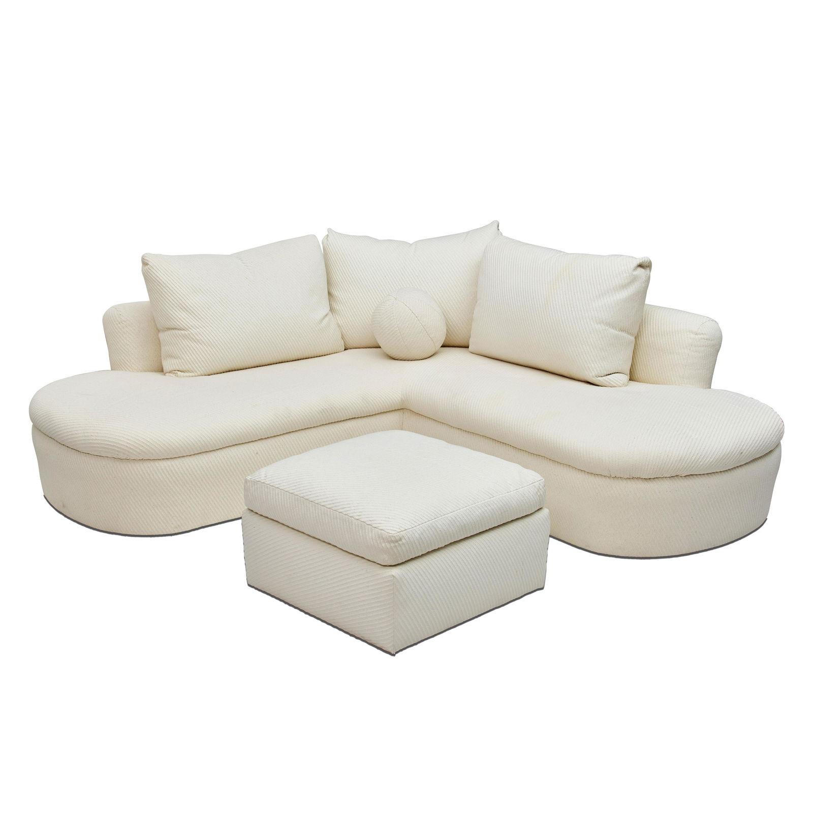 Michael Taylor (1926-1986) Custom Corner Sofa with: Michael Taylor (1926-1986) Custom Corner Sofa with Ottoman 1985 white ribbed cotton upholstery height 28in (71cm); width 103in (261cm); depth 90in (229cm); height of ottoman 17 1/2in (44.5cm); width 3