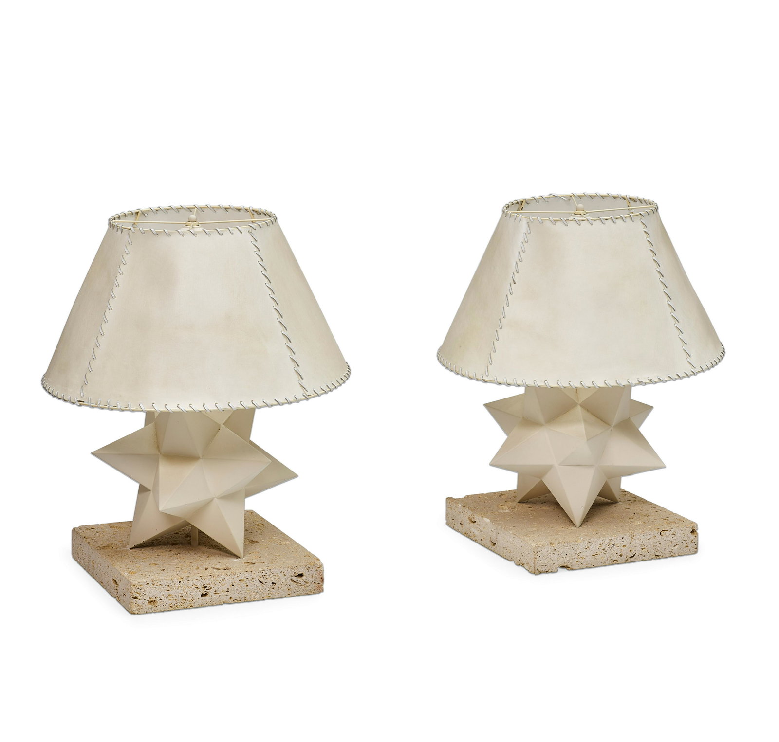 Michael Taylor (1926-1986) Pair of Custom 'Star': Michael Taylor (1926-1986) Pair of Custom 'Star' Lamps 1985 travertine, enameled metal, parchment and leather stitched shade height 26 1/2in (67cm); diameter of shade 22in (56cm) Footnotes: Provenance