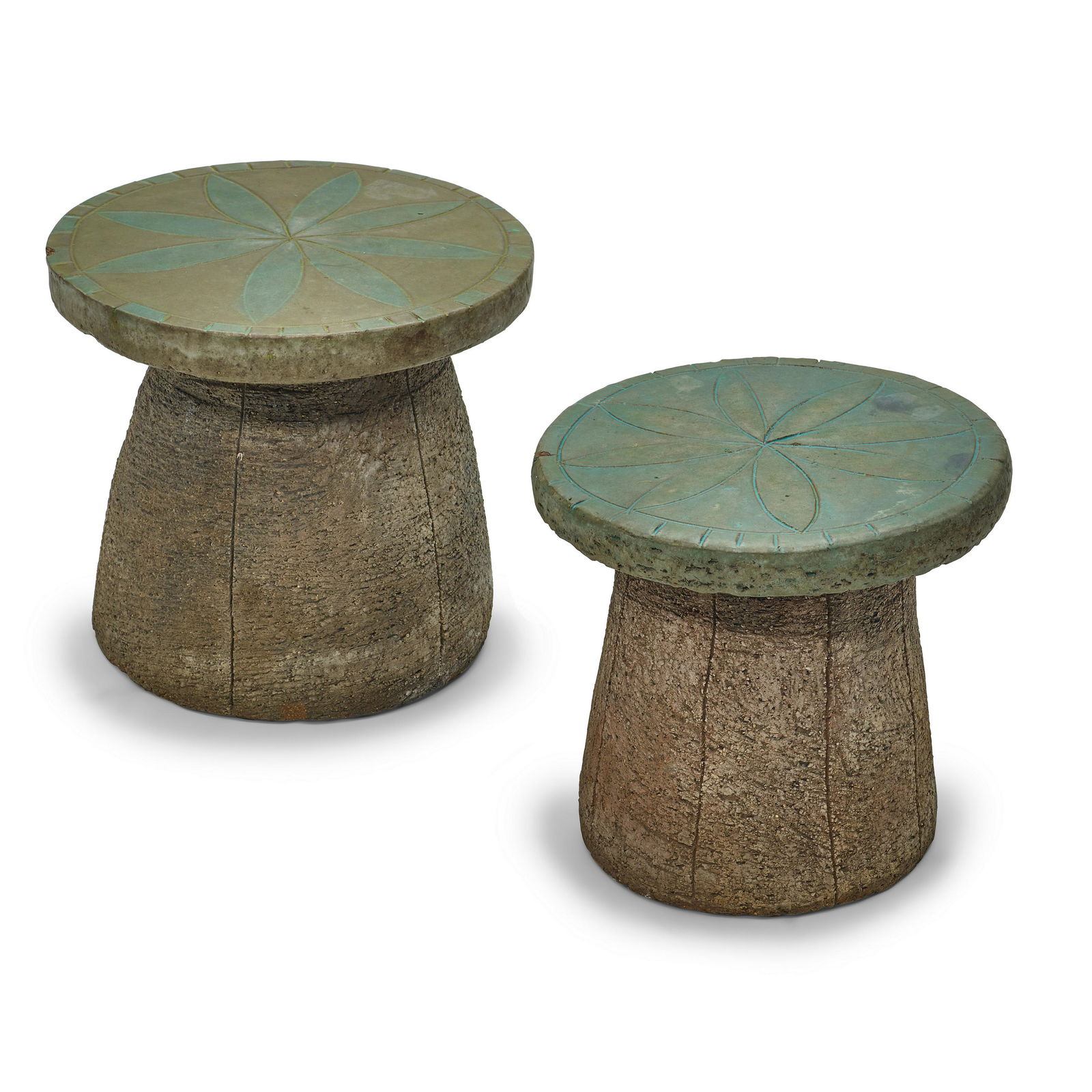 Stan Bitters (born 1936) Two Garden Stools1970sglazed: Stan Bitters (born 1936) Two Garden Stools 1970s glazed stoneware with pinwheel design heights 10 1/2 and 11 1/2in (26.67 and 29.2cm); diameters 12 and 12 1/4in (30.4 and 31.1cm) Footnotes: Provenance