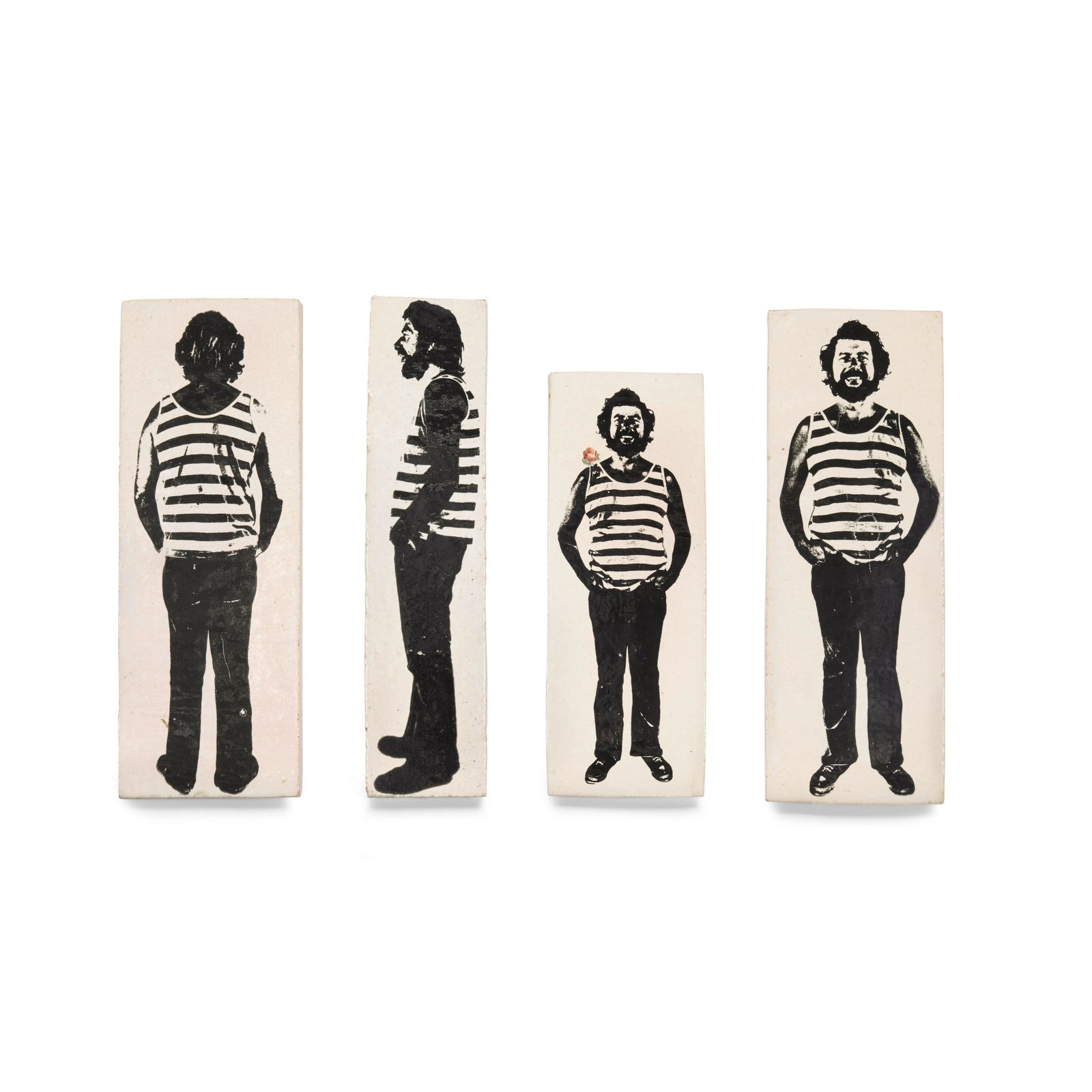 Stan Bitters (born 1936) Group of Four Self-Portrait: Stan Bitters (born 1936) Group of Four Self-Portrait Tiles 1979 black and white glazed earthenware length of two longest 9 1/2in (24cm); width 3 1/2in (9cm) Footnotes: Provenance Estate of Robert S. P