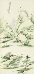 Liang Yuwei (1844-1917) Landscape: Liang Yuwei (1844-1917) Landscape Hanging scroll, ink and color on paper, inscribed by the artist with a poem, and signed Hangxue, Liang Yuwei, with an artist's seal Ti yin. 37 3/4 x 17 1/4in (95.8 &#