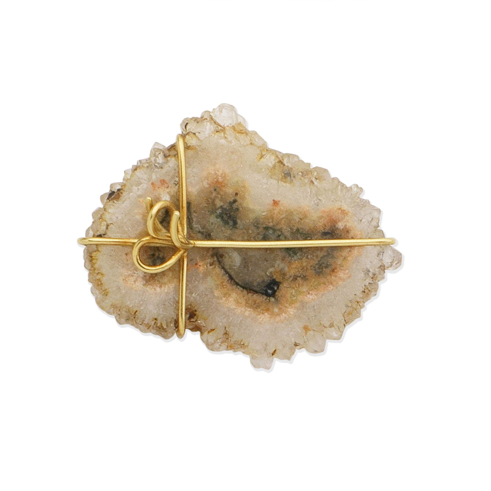 GRIMA: AGATE CRYSTAL AND GOLD BROOCH,: GRIMA: AGATE CRYSTAL AND GOLD BROOCH, 1973 The agate crystal wrapped in an 18 carat gold ribbon, signed Grima, maker's mark AGLtd, London hallmark, length 4.4cm