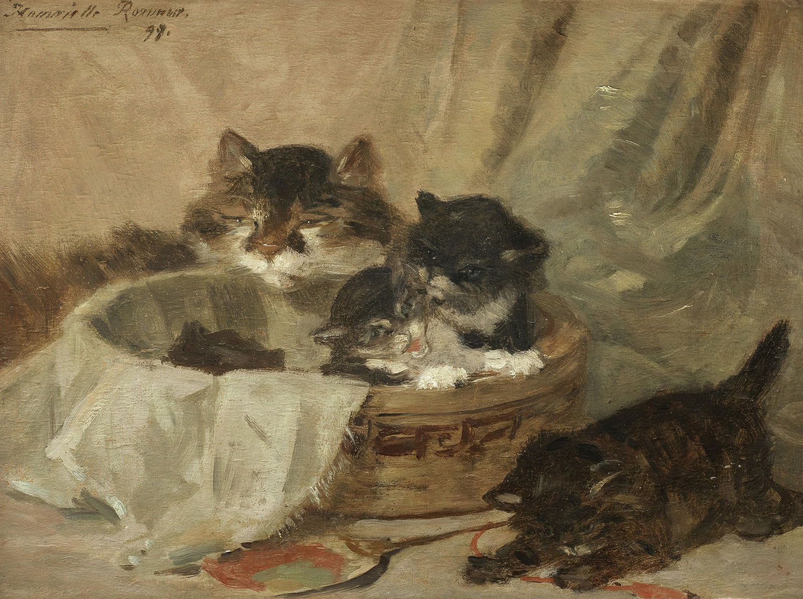 Henriette Ronner-Knip (Dutch, 1821-1909) A cat and her kittens: Henriette Ronner-Knip (Dutch, 1821-1909) A cat and her kittens signed and dated 'Henriette Ronner./99.' (upper left) oil on paper, laid down on panel 24.5 x 32.5cm (9 5/8 x 12 3/4in). This lot is subj
