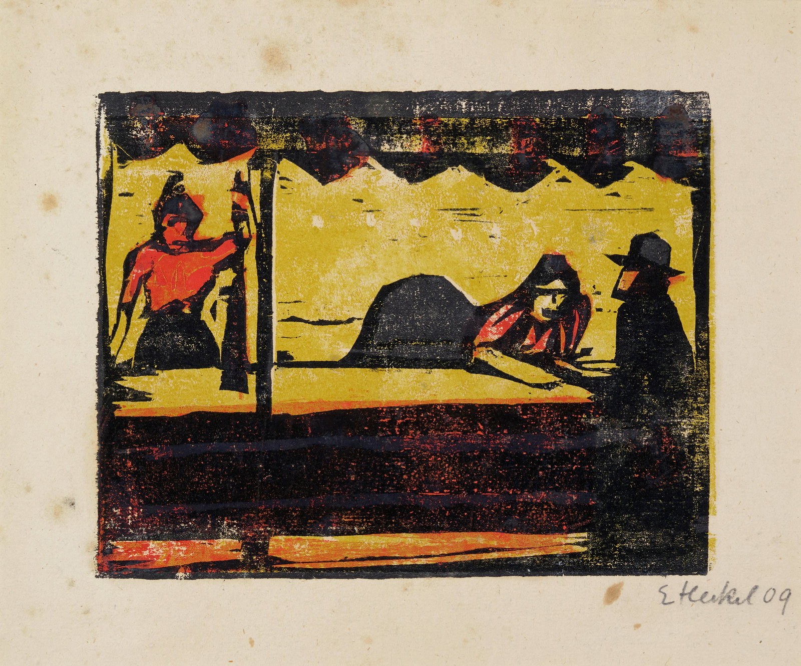 Erich Heckel (1883-1970); Schiessbude;: Erich Heckel (1883-1970) Schiessbude (Dube 170), 1909 Woodcut, a rare impression with hand-coloring on Japan paper, signed in pencil and dated, from the edition of 8 known examples, with full margins.