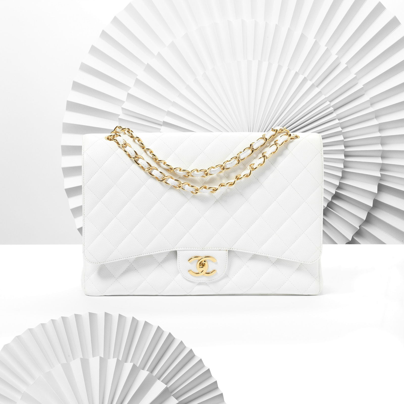 CHANEL: A WHITE CAVIAR MAXI DOUBLE FLAP BAG 2011 (includes serial sticker and dust bag) (1 of 3)