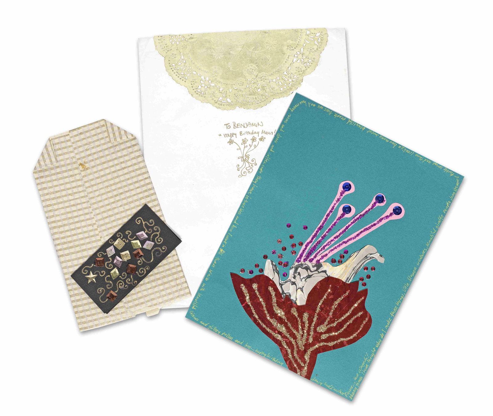 Wangechi Mutu (Kenyan, born 1972) Two handmade birthday cards from the artist to fashion designe...: Wangechi Mutu (Kenyan, born 1972) Two handmade birthday cards from the artist to fashion designer, Benjamin Liepelt, 2001 felt pen, collage and appliqué on blue watercolour paper 30.5 x 22.5cm (1