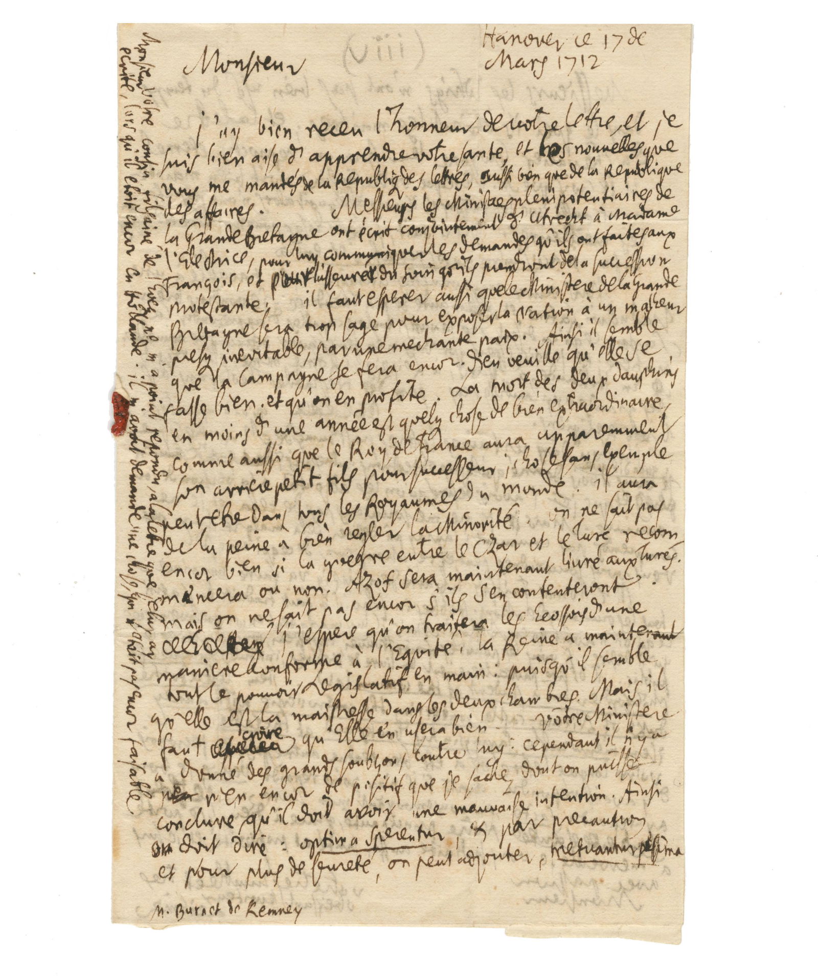 LEIBNIZ (GOTTFRIED WILHELM) Autograph letter signed ('Leibniz') to Thomas Burnett ('Monsieur'), ... (1 of 1)