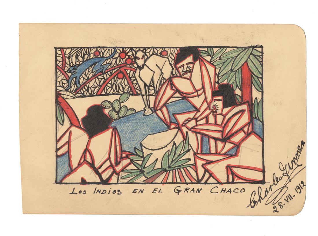 GINNER (CHARLES) Drawing entitled 'Los Indios En El Gran Chaco',: GINNER (CHARLES) Drawing entitled 'Los Indios En El Gran Chaco', signed and dated 'Charles Ginner/ 28.VII.1912', on a page taken from an autograph book, pencil and coloured crayon, 98 x 145mm., 28 Jul