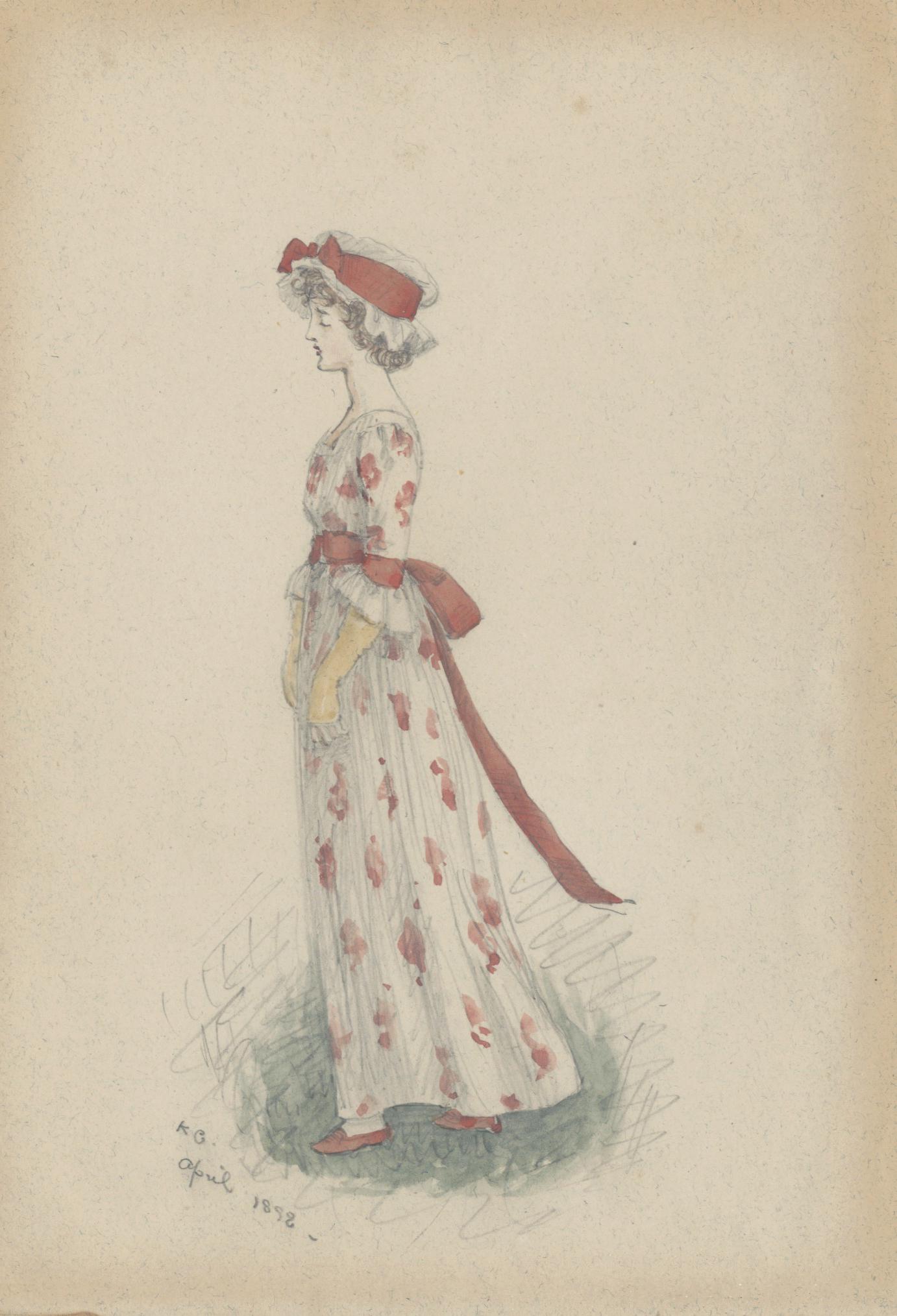 GREENAWAY (KATE) Three original illustrations, two of bonneted girls with posies, and one of a l...: GREENAWAY (KATE) Three original illustrations, two of bonneted girls with posies, and one of a lady in red and white dress, pencil, ink and watercolour, variously signed lower left ('K.G.', 'K.G. 11 A