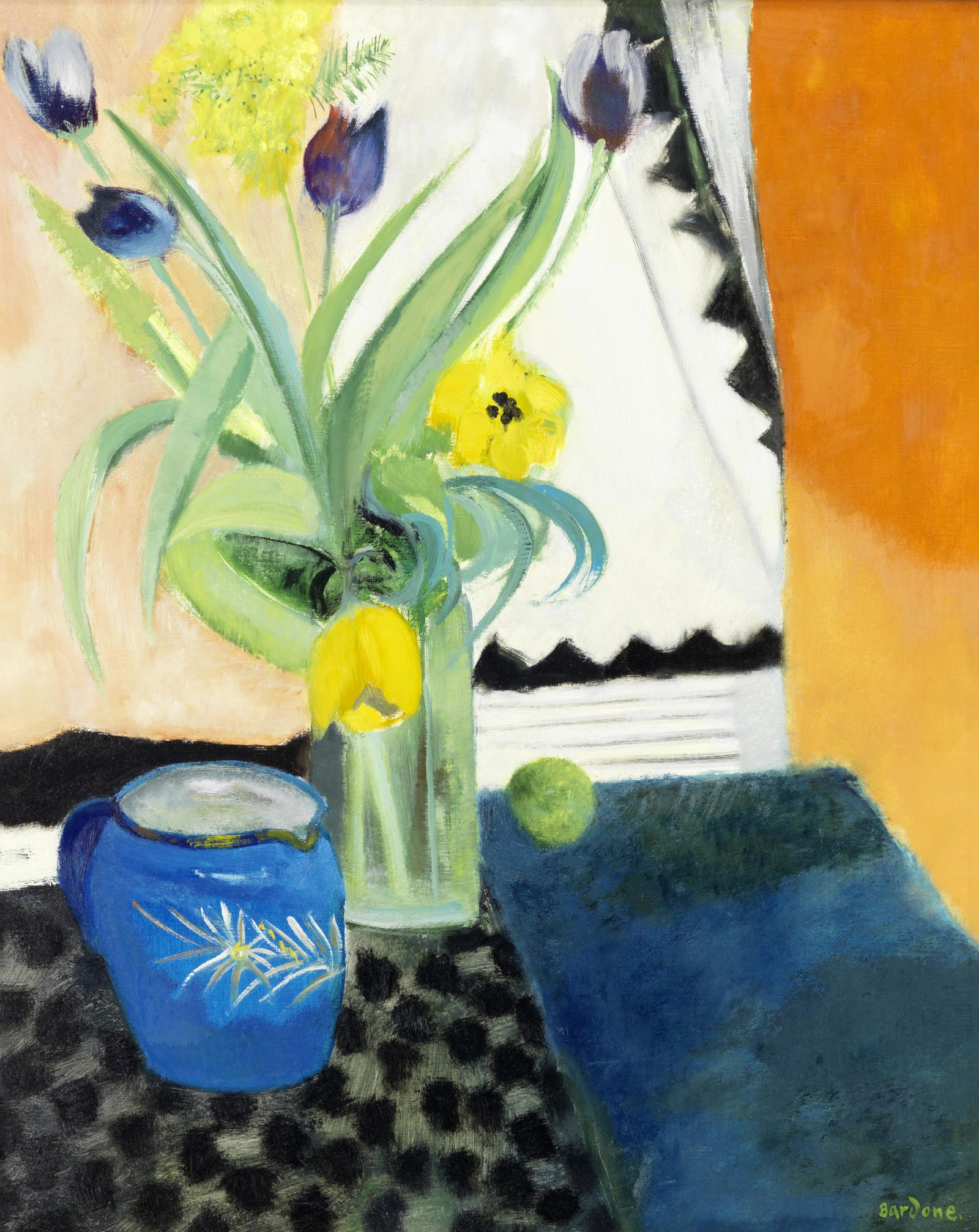 Guy Bardone (French, 1927-2015) 'Tulipes au pot bleu': Guy Bardone (French, 1927-2015) 'Tulipes au pot bleu' signed 'Bardone.' (lower right); further signed and titled on stretcher verso oil on canvas 81 x 64.5cm (31 7/8 x 25 3/8in). Footnotes:<