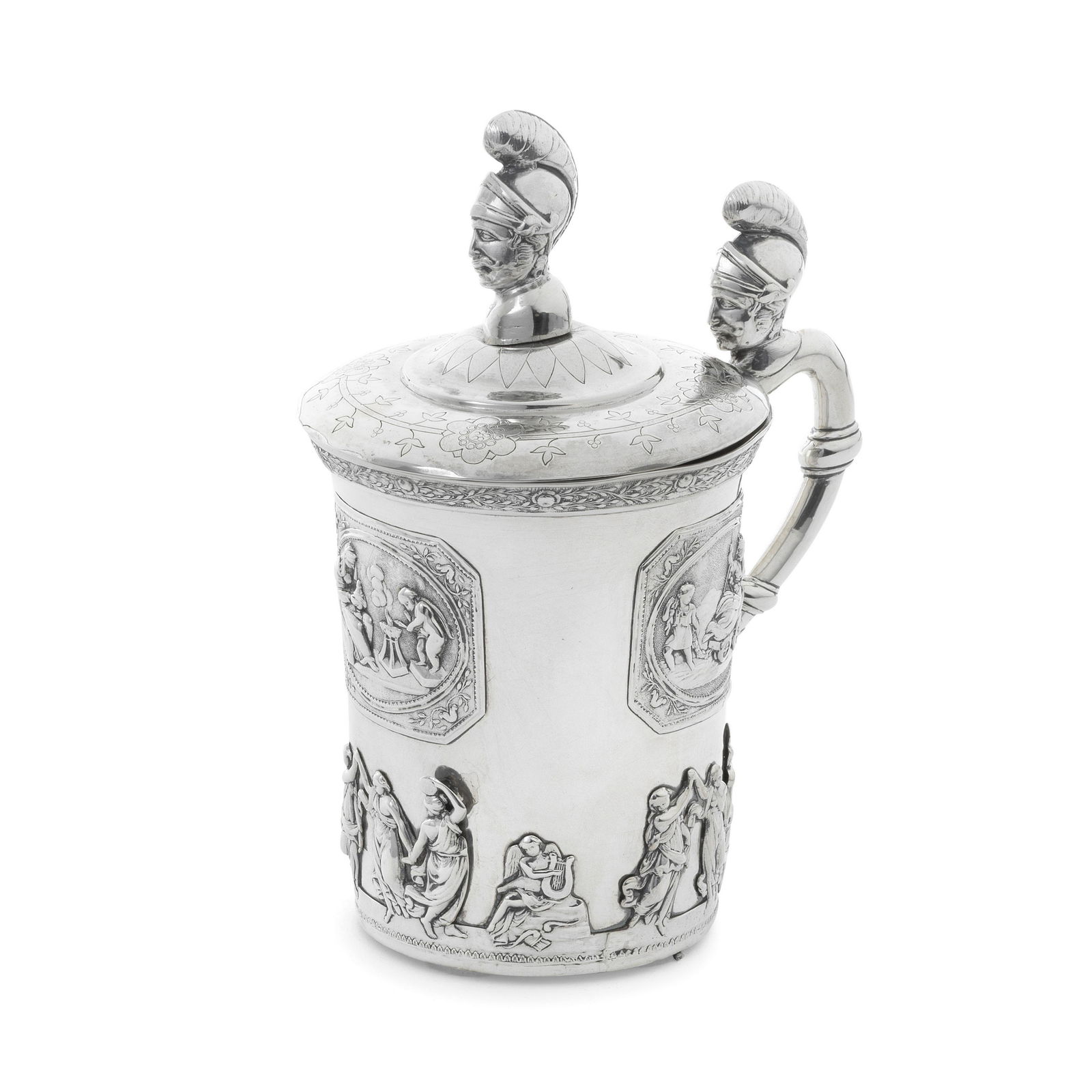 A 19th century Russian silver tankard and cover Peter Moller, St Petersburg 1825, assay master M...: A 19th century Russian silver tankard and cover Peter Moller, St Petersburg 1825, assay master Mikhail Mikhailovich Karpinsky Cylindrical form with flared lip, the pull off cover featuring a chased fl