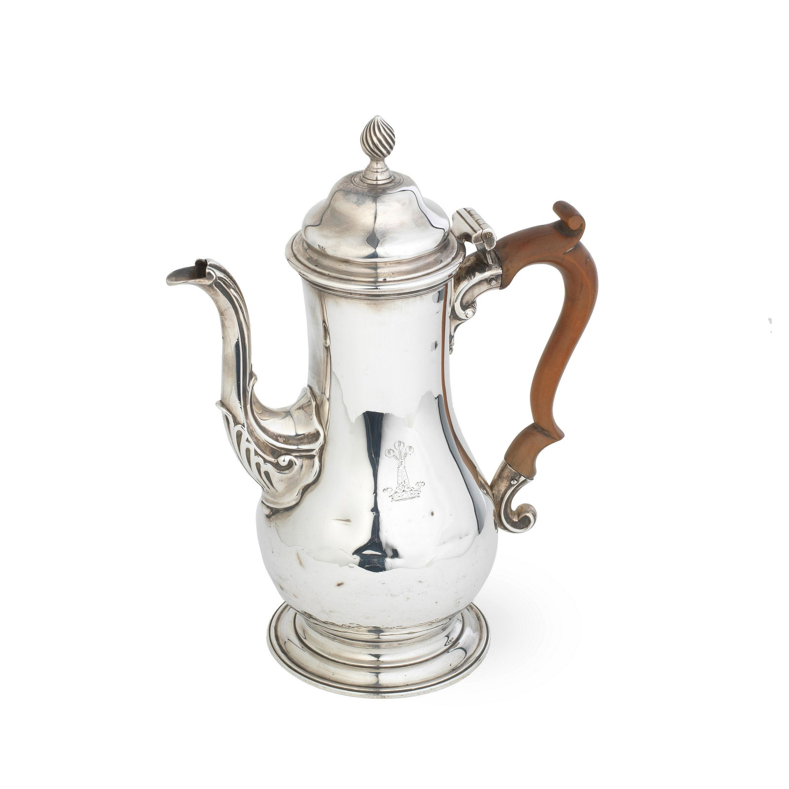 A George III silver coffee pot Thomas Freeman & John Marshall, London 1764: A George III silver coffee pot Thomas Freeman & John Marshall, London 1764 Baluster form, one side with engraved crest and inscription, hinged cover with wrythen finial, wood handle, height 25.7cm, we