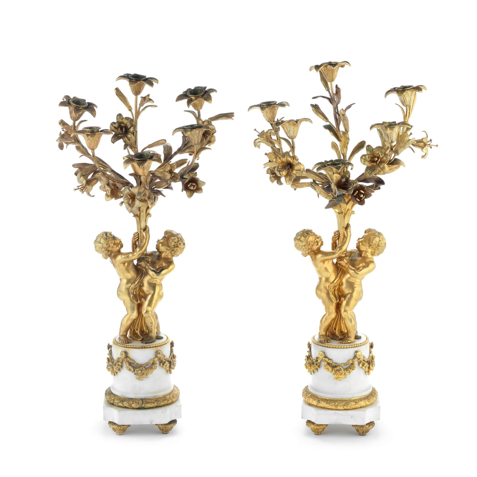 A pair of late 19th century French gilt bronze figural six light garniture candelabra  in the Lo... (1 of 1)