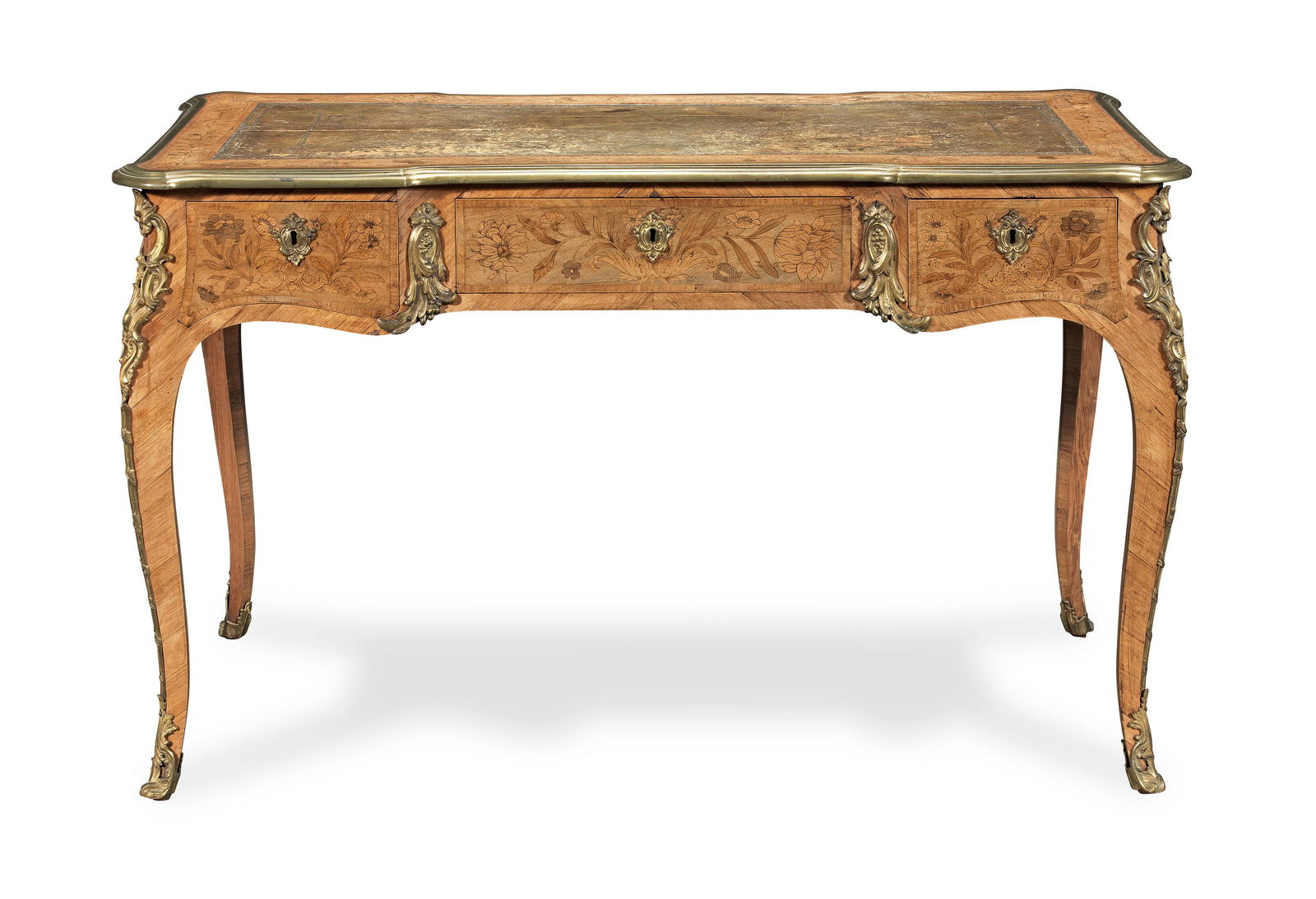 An early Victorian ormolu mounted tulipwood, walnut and marquetry writing table in the Louis XV ...: An early Victorian ormolu mounted tulipwood, walnut and marquetry writing table in the Louis XV style almost certainly originally retailed by Edward Holmes Baldock (1777-1845), possibly made by Robert