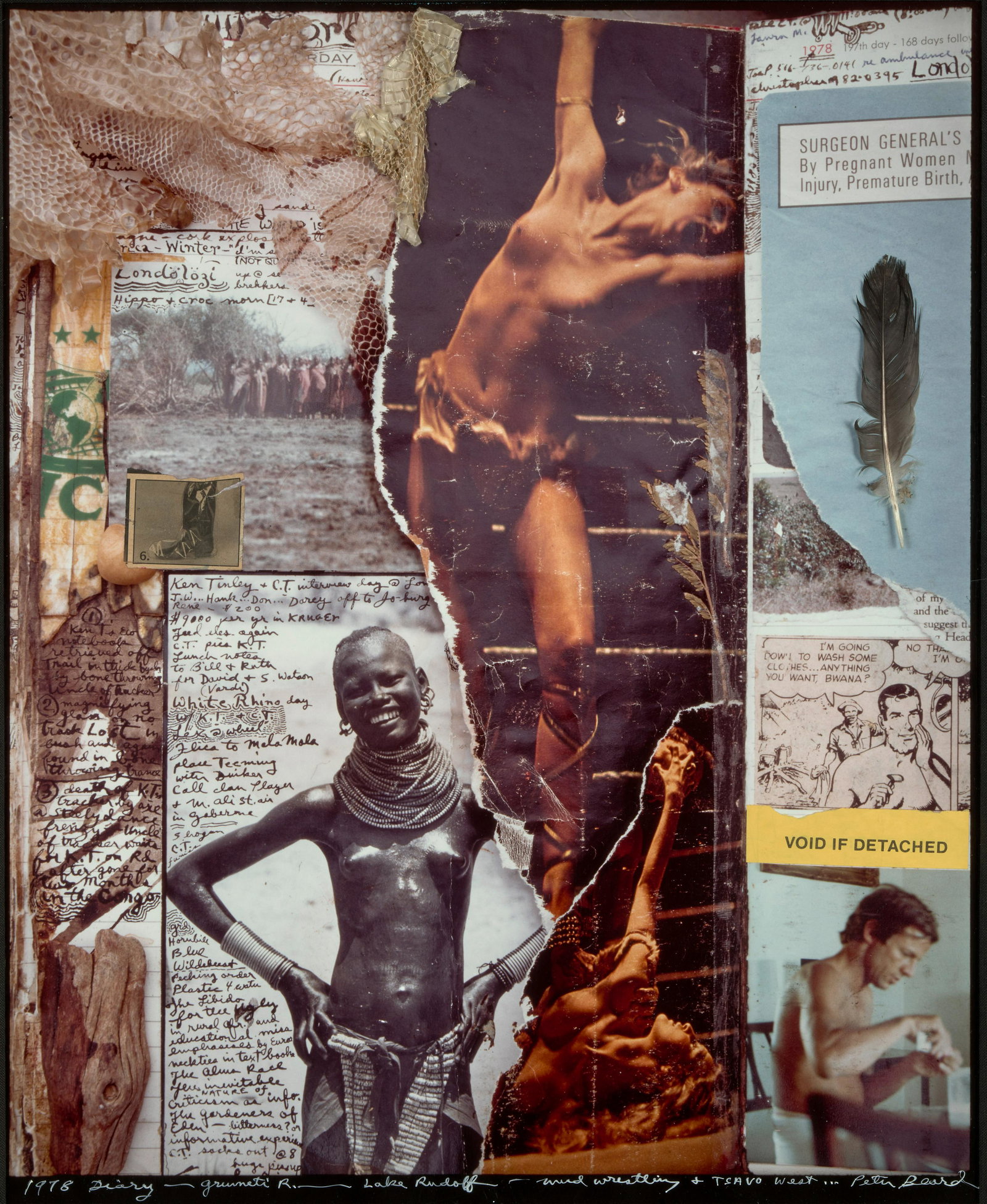 Peter Beard (1938-2020); Diary Page, Grunneti R., Lake Rudolf, Wrestling and Tsavo;: Peter Beard (1938-2020) Diary Page, Grunneti R., Lake Rudolf, Wrestling and Tsavo (1978), Dye-bleach print with collaged elements (including feather and snakeskin), signed, titled and dated in white i