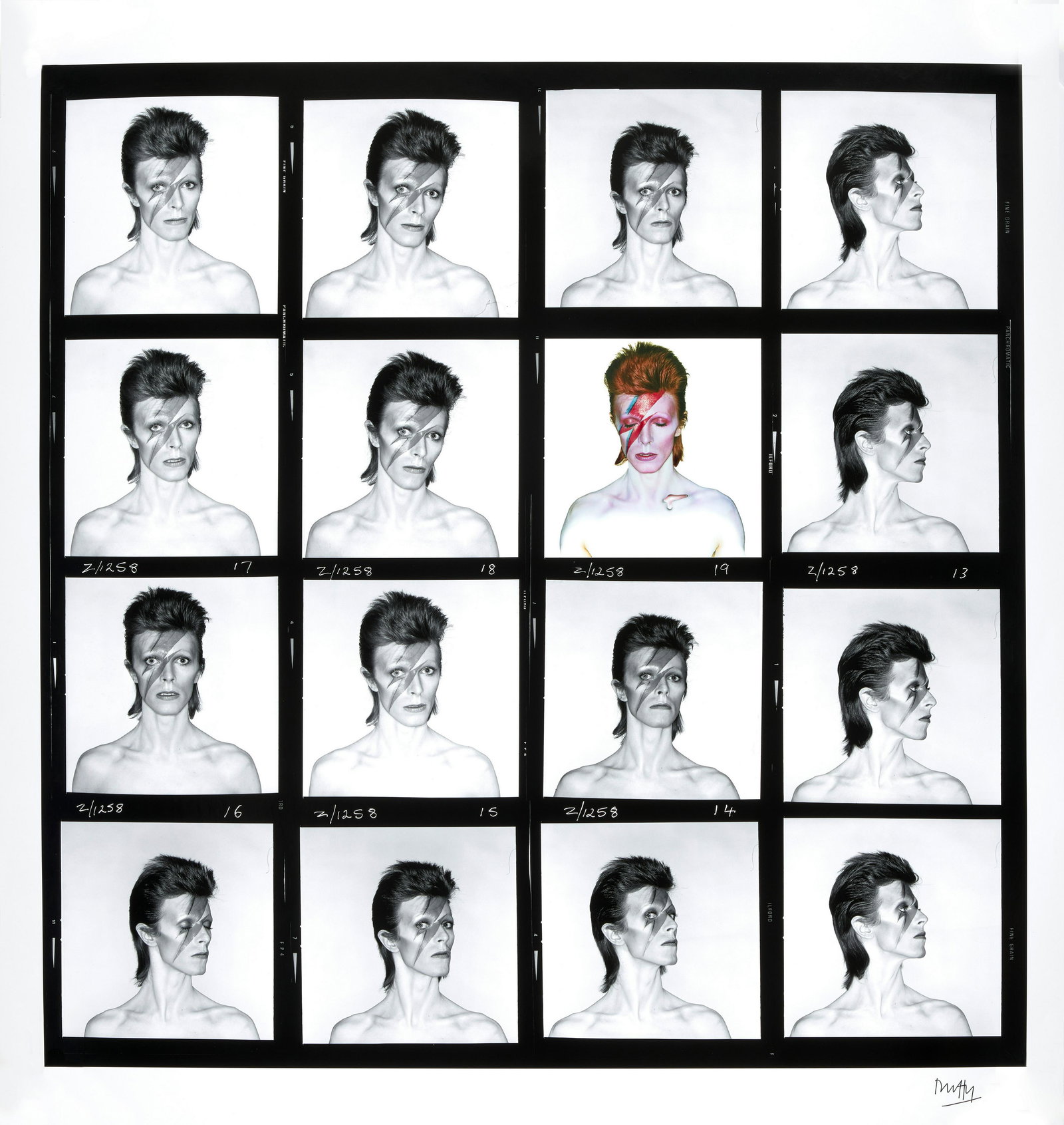 Brian Duffy (1933-2010); David Bowie, 'Aladdin Sane:' Contact Sheet;: Brian Duffy (1933-2010) David Bowie, "Aladdin Sane:" Contact Sheet, 1973 Archival pigment print, printed 2008, signed in ink by Brian Duffy and Duffy Archive blindstamped in the margin; signed, dated