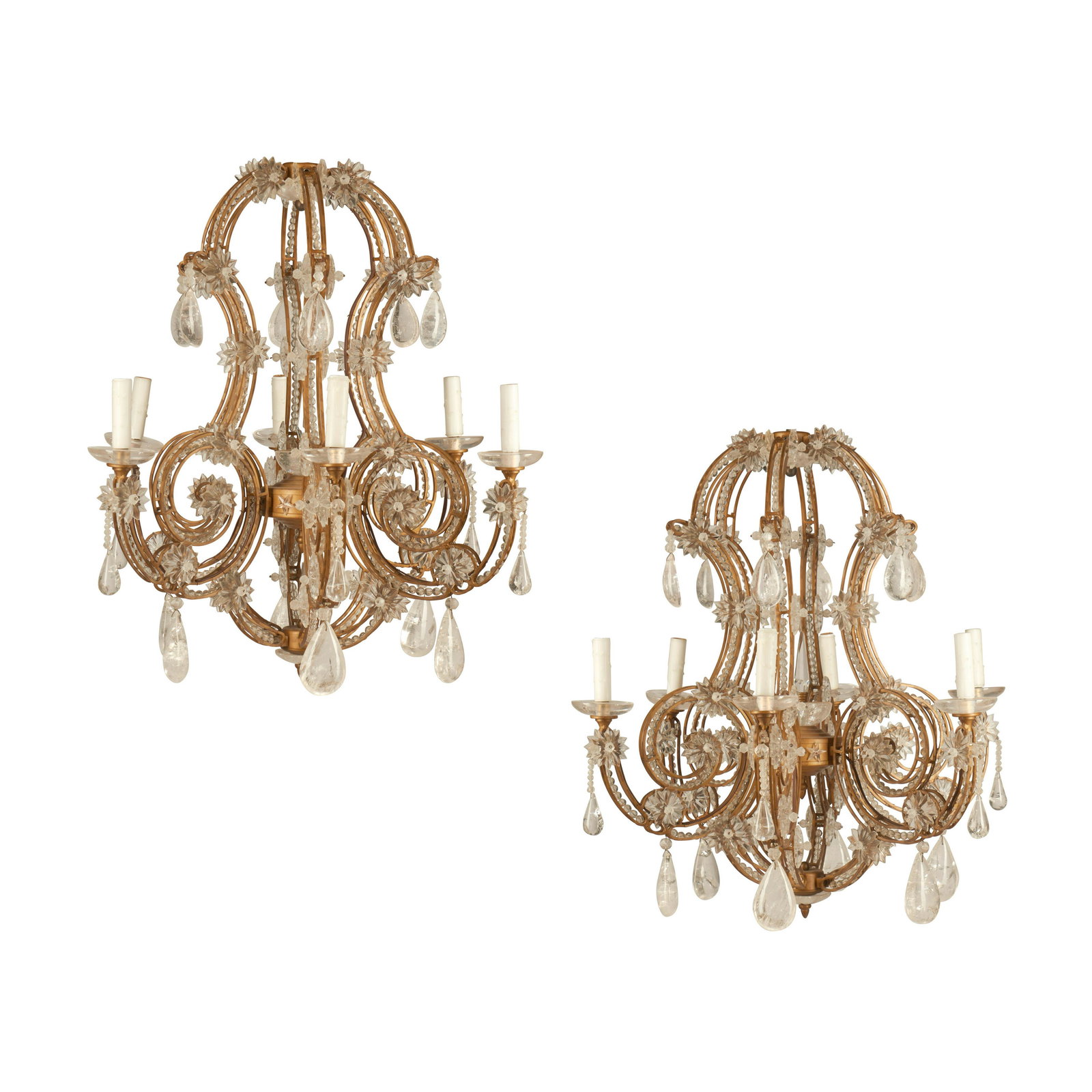 A PAIR OF VENETIAN STYLE ROCK CRYSTAL AND GLASS SIX-LIGHT CHANDELIERS (1 of 3)