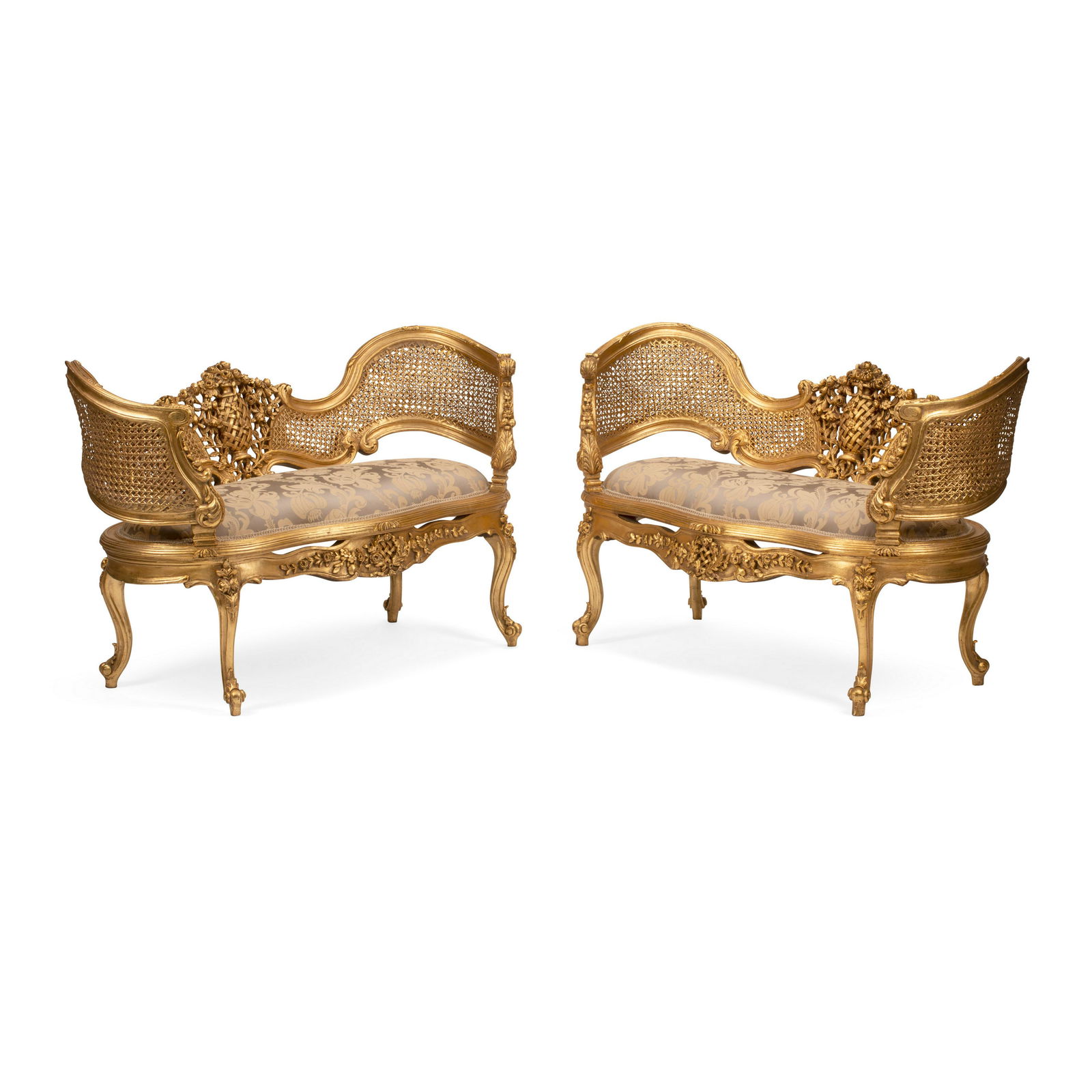 A PAIR OF LOUIS XV STYLE GILTWOOD SETTEES: A PAIR OF LOUIS XV STYLE GILTWOOD SETTEES height 32in (82cm); width 51in (129.5cm); depth 24in (62cm) This lot is subject to the following lot symbols: W W If the lot is not picked up immediat