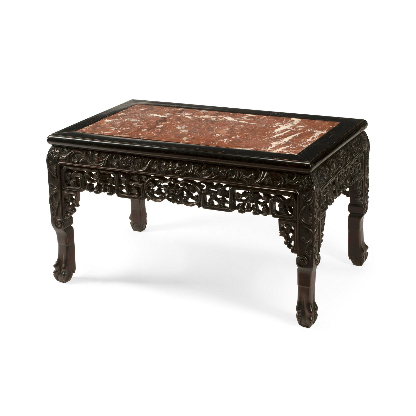 A CHINESE MARBLE INSET CARVED HARDWOOD LOW TABLE (1 of 4)