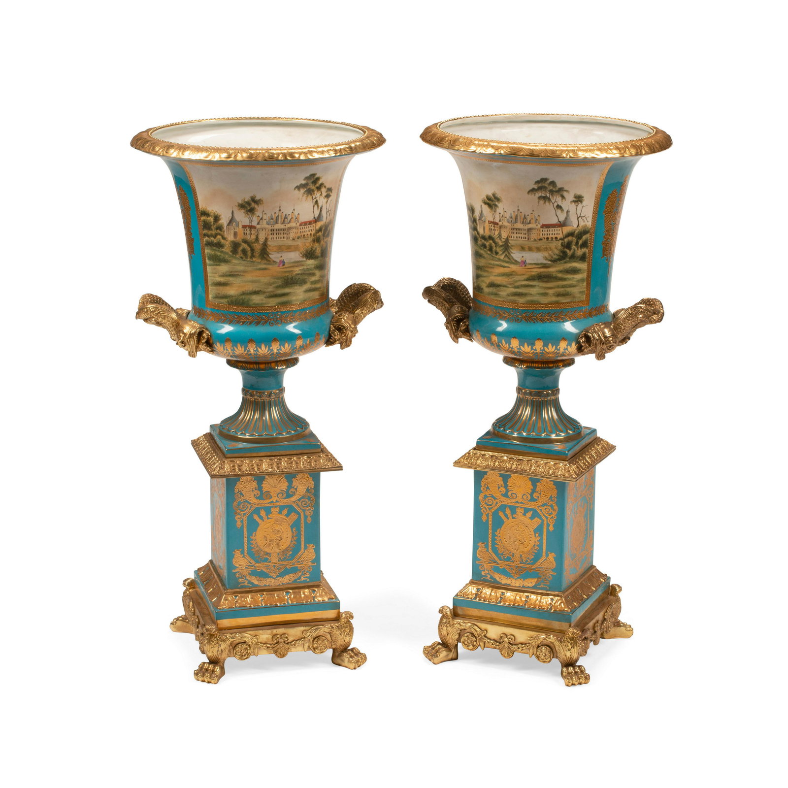 AN IMPRESSIVE PAIR OF SÈVRES EMPIRE STYLE GILT BRONZE MOUNTED PORCELAIN URNS ON PEDESTALS (1 of 4)