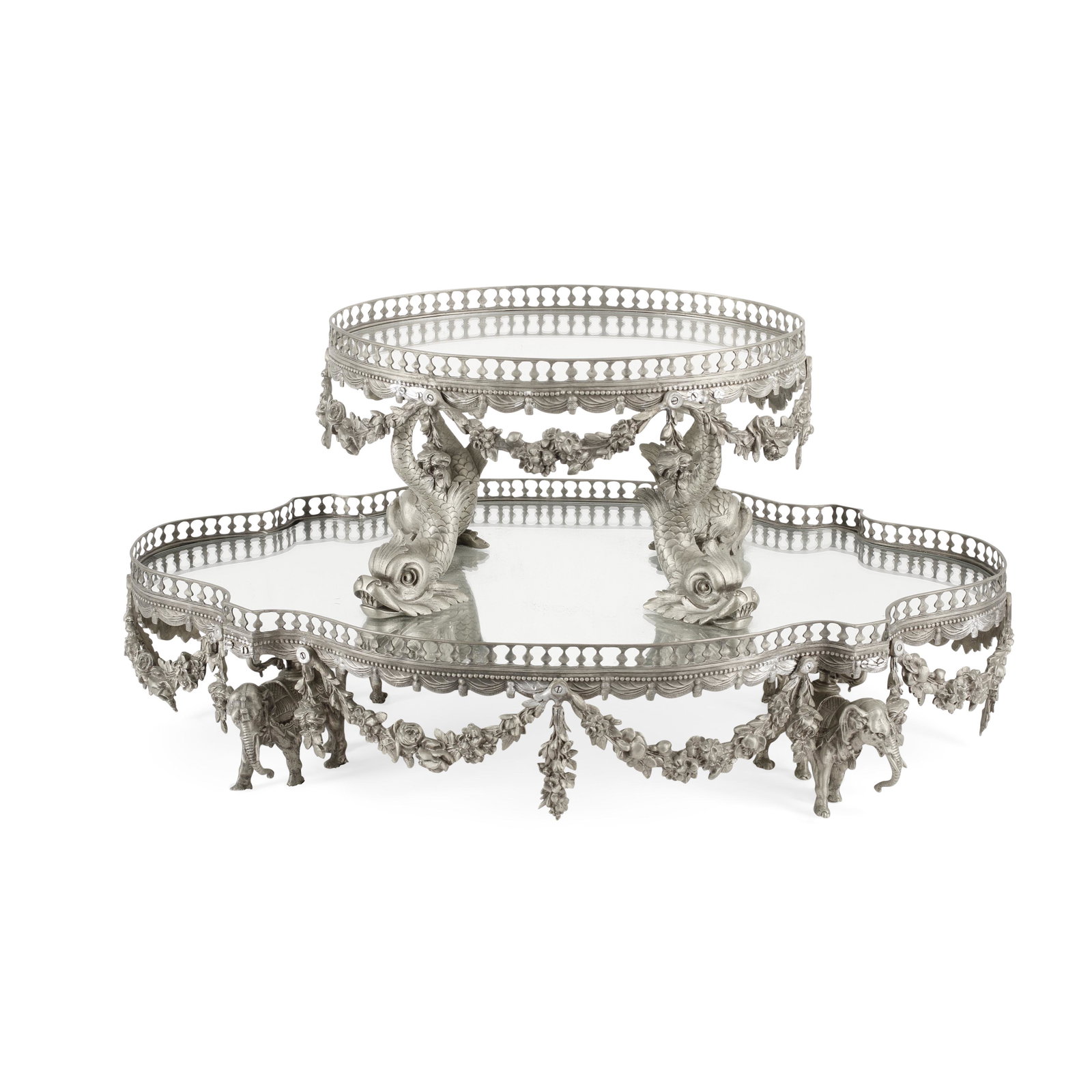 A LOUIS XVI STYLE SILVERED BRONZE TWO-TIER MIRRORED PLATEAU (1 of 4)