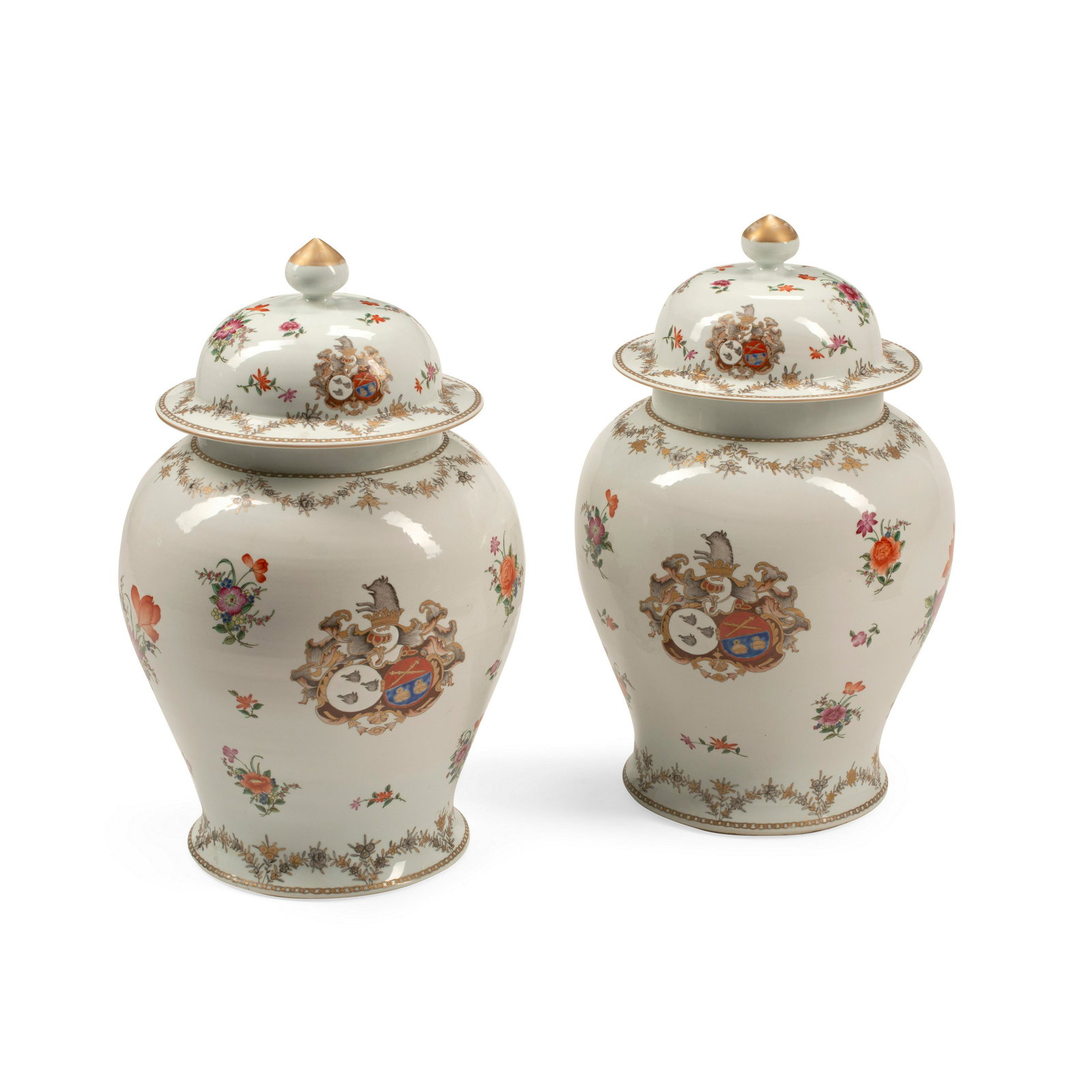 A PAIR OF PORCELAIN COVERED JARS WITH AMORIAL DECORATIONProbably Samson (1 of 4)