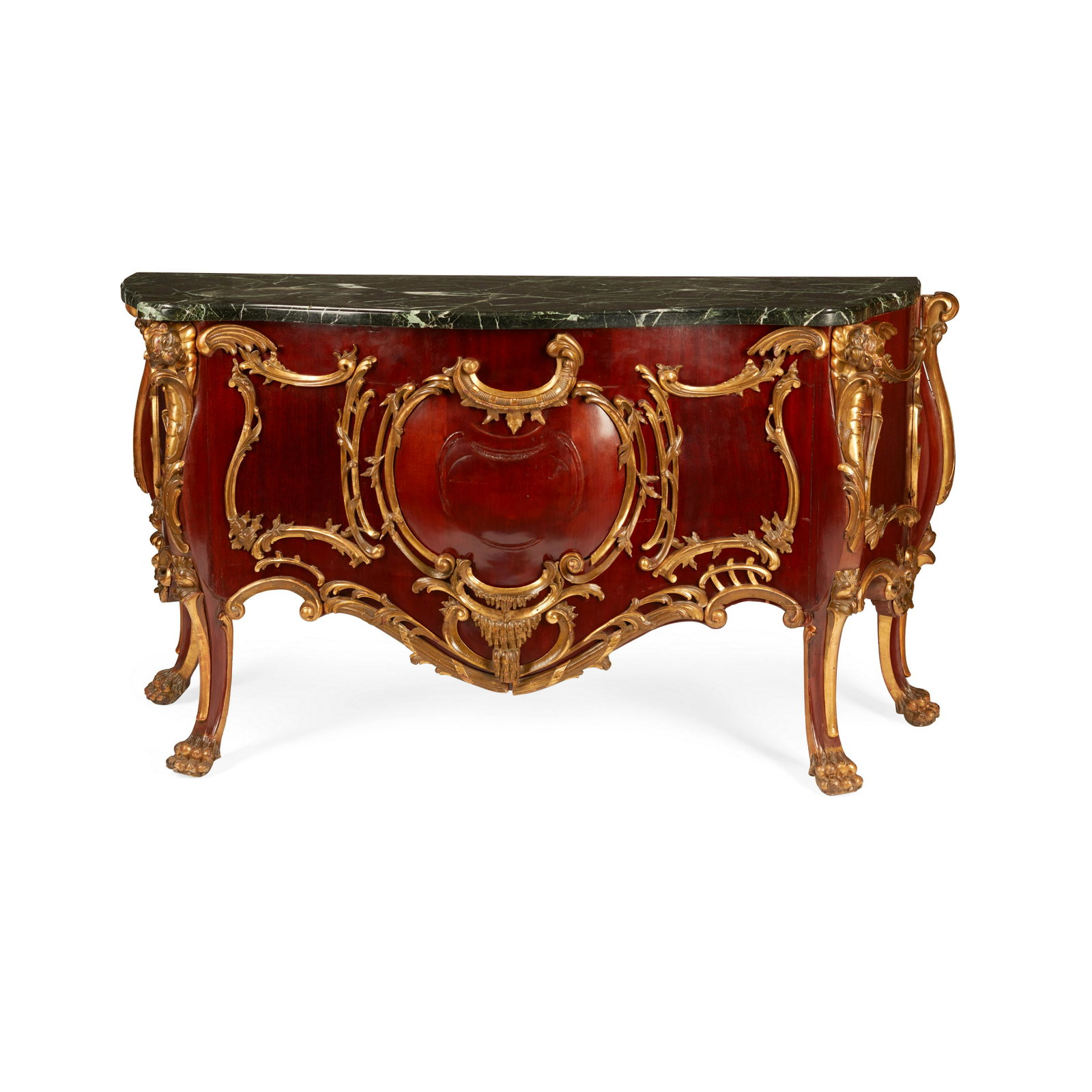 A GERMAN ROCOCO STYLE MARBLE TOP GILTWOOD AND MAHOGANY CONSOLE19th century: A GERMAN ROCOCO STYLE MARBLE TOP GILTWOOD AND MAHOGANY CONSOLE 19th century height 36in (92cm); width 66in (168cm); depth 22in (56cm) This lot is subject to the following lot symbols: W W If t