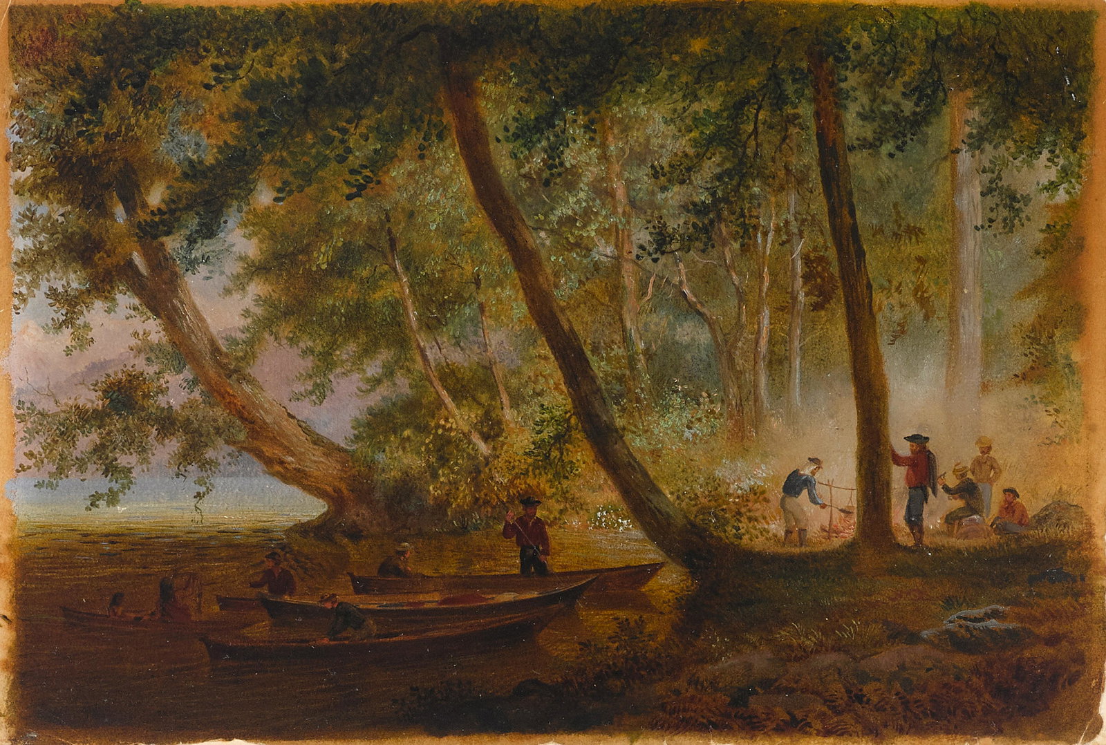 George Henry Burgess (1831-1905) Campfire Scene with Settlers and Native Americans 8 x 11 1/2 in... (1 of 3)