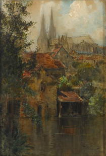 Francis Hopkinson Smith (1838-1915) Chartres Cathedral from across the L'Eure River 28 1/2 x 19 ...: Francis Hopkinson Smith (1838-1915) Chartres Cathedral from across the L'Eure River signed 'F. Hopkinson Smith' (lower right) gouache on paper 28 1/2 x 19 1/2 in. framed 30 x 21 in.