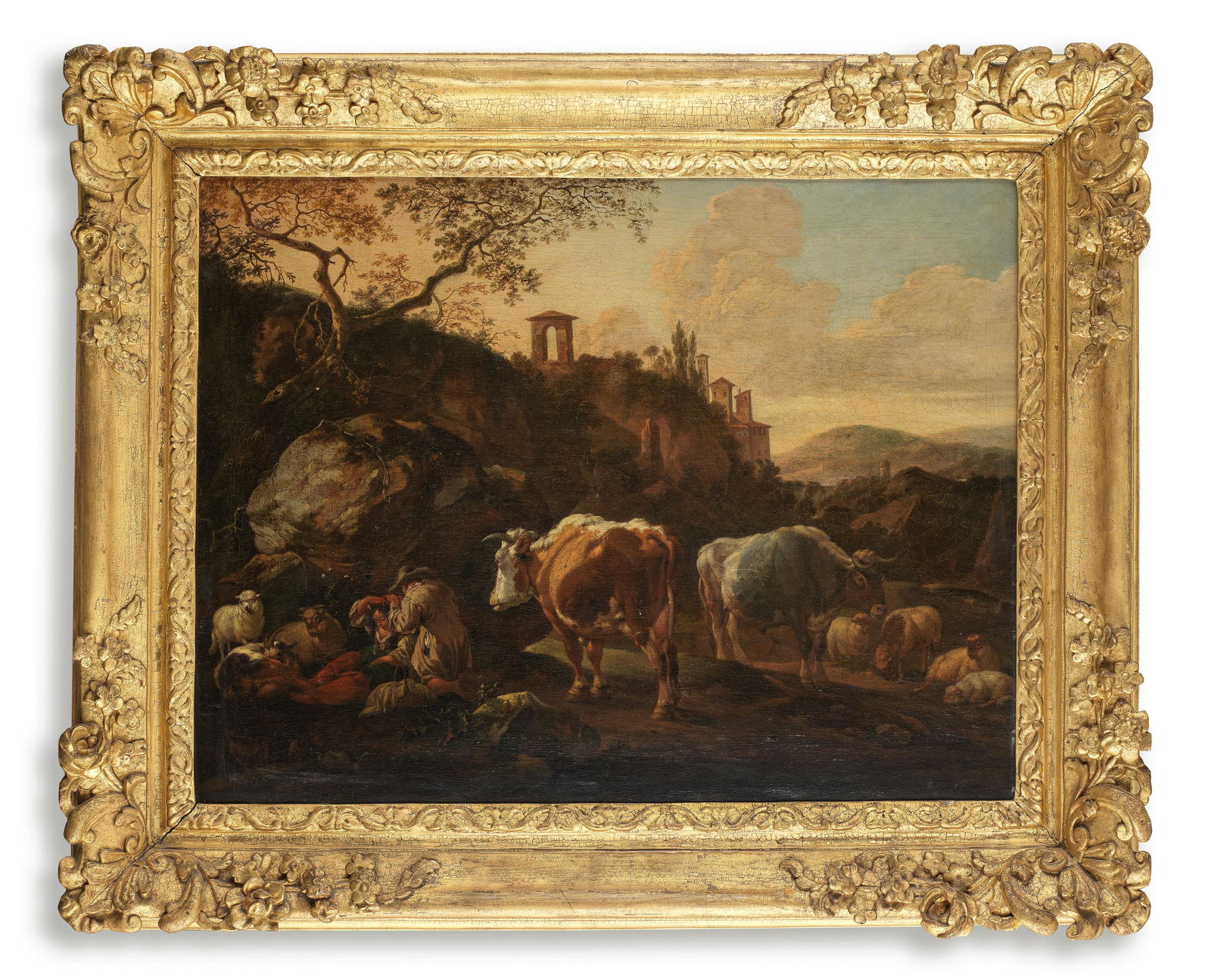 Johann Heinrich Roos (Otterberg 1631-1685 Frankfurt-am-Main) Drovers resting with sheep and catt...: Johann Heinrich Roos (Otterberg 1631-1685 Frankfurt-am-Main) Drovers resting with sheep and cattle in a landscape signed and dated 'JH Roos pinxit/ 1685' (lower centre, JH in ligature) oil on canvas 5
