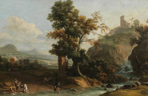 Attributed to Marco Ricci (Belluno 1676-1729 Venice) An extensive river landscape with figures w...: Attributed to Marco Ricci (Belluno 1676-1729 Venice) An extensive river landscape with figures washing laundry before a waterfall oil on canvas 68 x 103.3cm (26 3/4 x 40 11/16in). This lot is subject