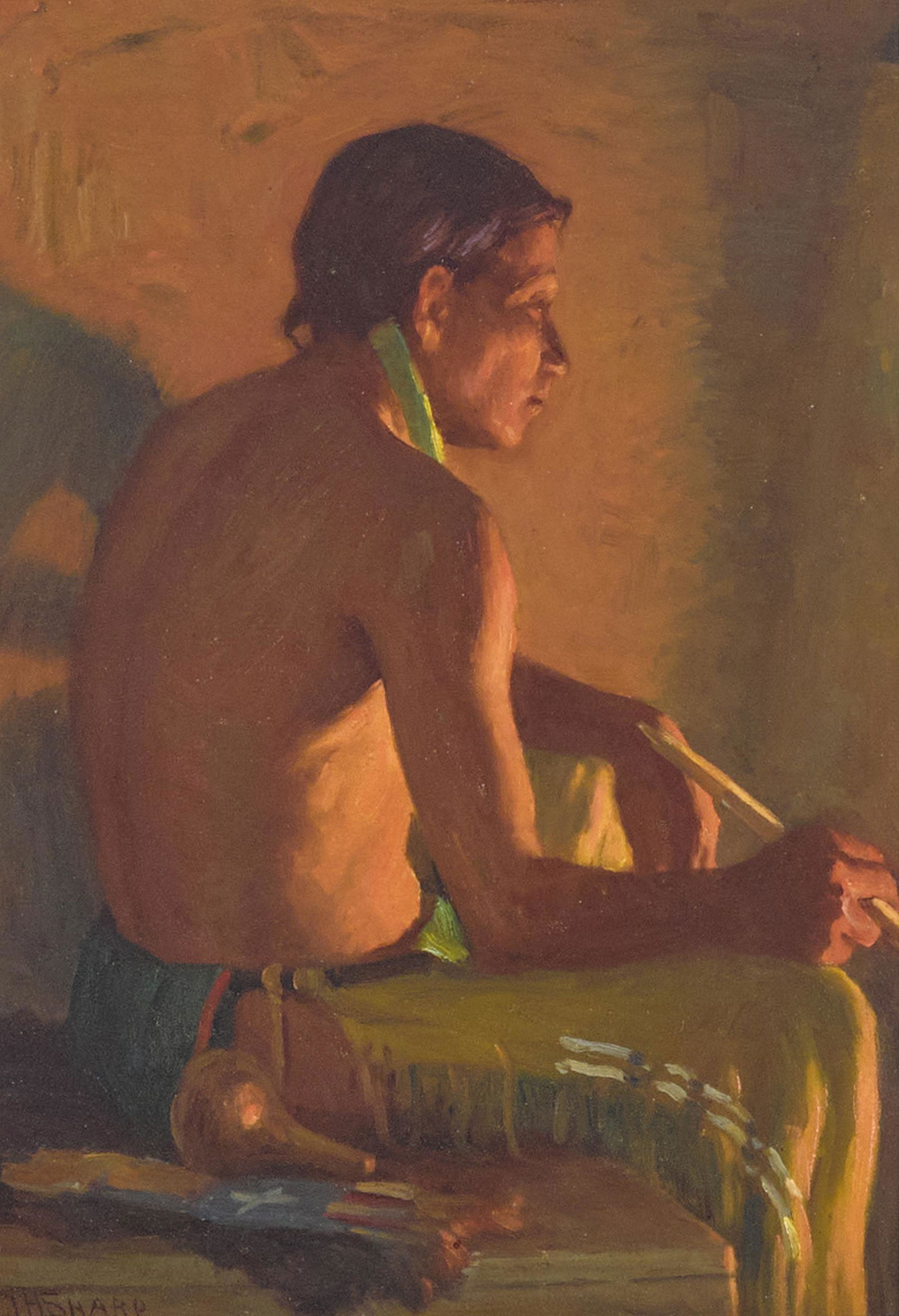 Joseph Henry Sharp (1859-1953) Bawling Deer (Frank Martinez, Păh Wēlah) 13 1/2 x 9 3/4...: Joseph Henry Sharp (1859-1953) Bawling Deer (Frank Martinez, Păh Wēlah) signed 'J.H. SHARP' (lower left) and titled (on the reverse) oil on board 13 1/2 x 9 3/4 in. framed 19 3/4 x 16 in. Fo