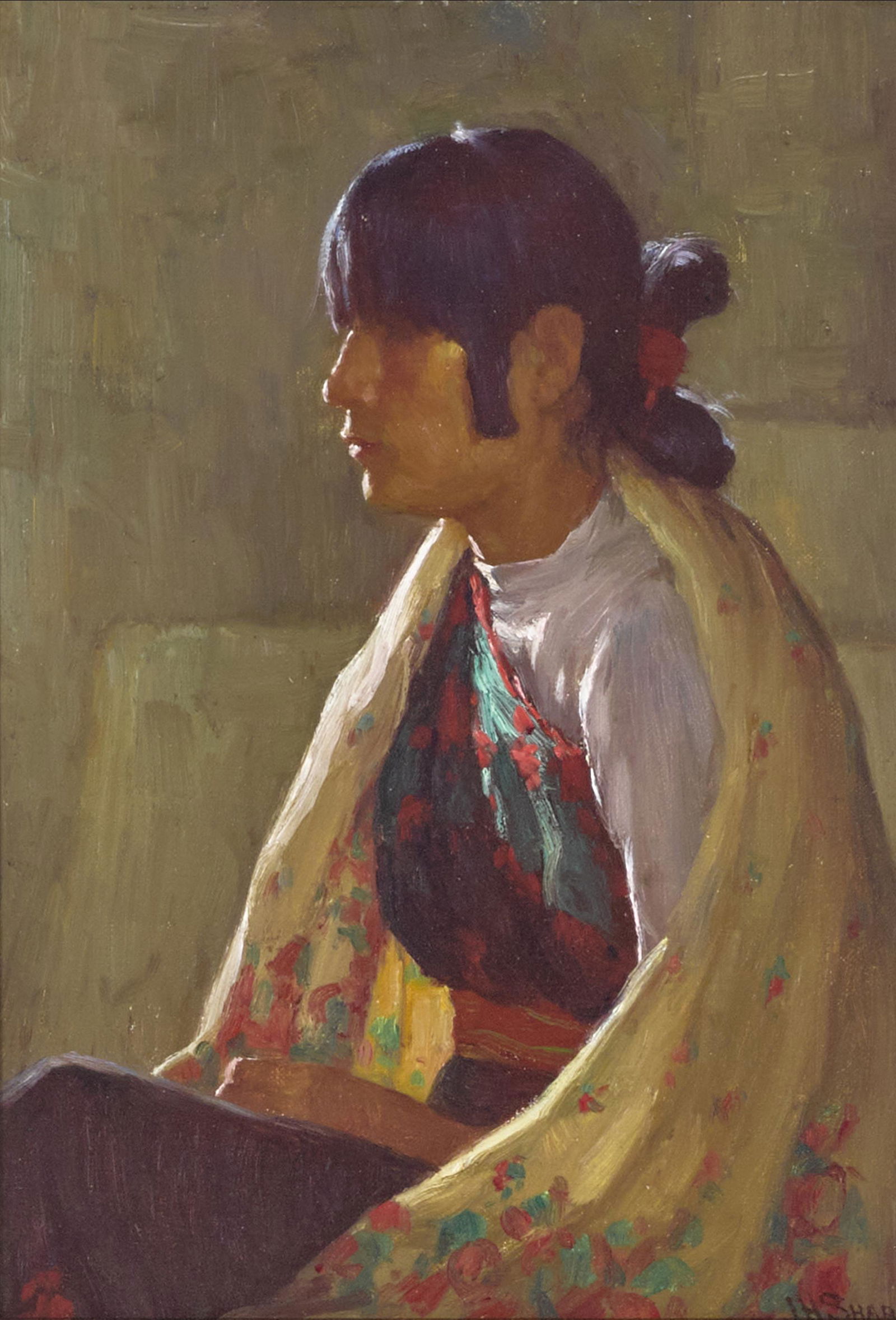 Joseph Henry Sharp (1859-1953) Crucita - Taos Indian Girl 13 3/4 x 9 3/4 in. framed 18 1/2 x 14 ...: Joseph Henry Sharp (1859-1953) Crucita - Taos Indian Girl signed 'J.H. SHARP' (lower right) oil on canvasboard 13 3/4 x 9 3/4 in. framed 18 1/2 x 14 1/4 in. Footnotes: Provenance Mr. Clayto