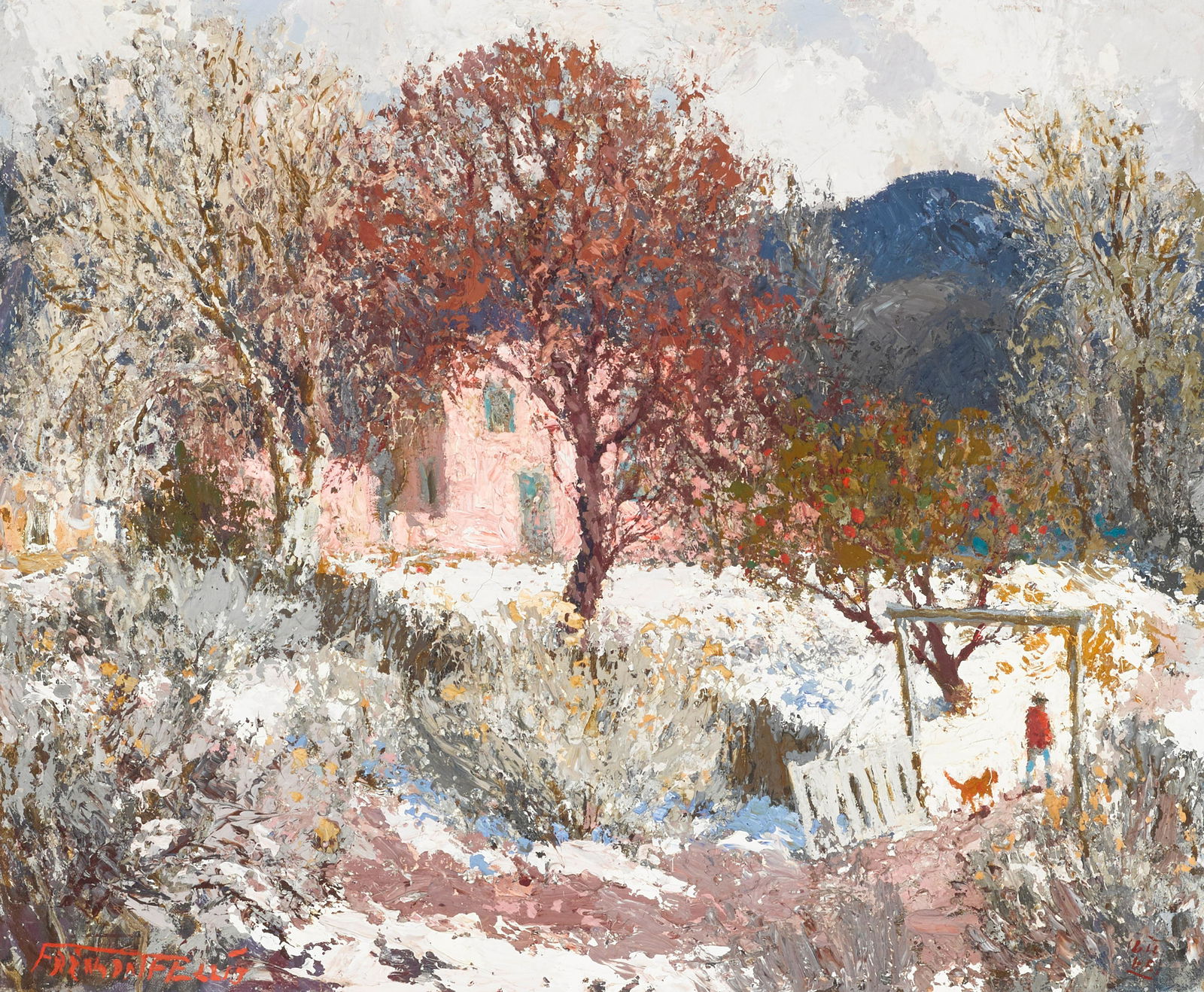 Fremont F. Ellis (1897-1985) Randall Davey's House - Winter 20 x 24 in. framed 29 x 32 1/2 in.: Fremont F. Ellis (1897-1985) Randall Davey's House - Winter signed 'FREMONT F. ELLIS' (lower left) and dated '64 / 65' (lower right), titled in ink on an artist stamp (on the stretcher bar), with the