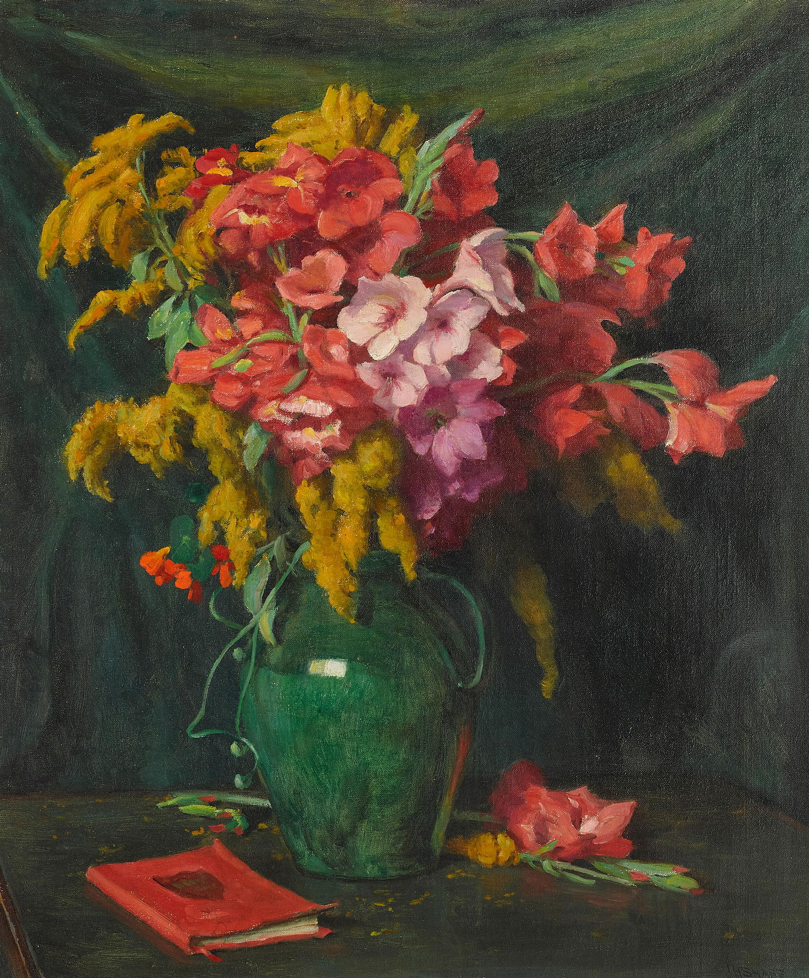 Joseph Henry Sharp (1859-1953) Gladiolus and Golden Rod 30 x 25 in. framed 35 x 30 in.: Joseph Henry Sharp (1859-1953) Gladiolus and Golden Rod signed 'J.H. SHARP' (lower right) and titled (on the stretcher bar) oil on canvas 30 x 25 in. framed 35 x 30 in. Footnotes: Provenance
