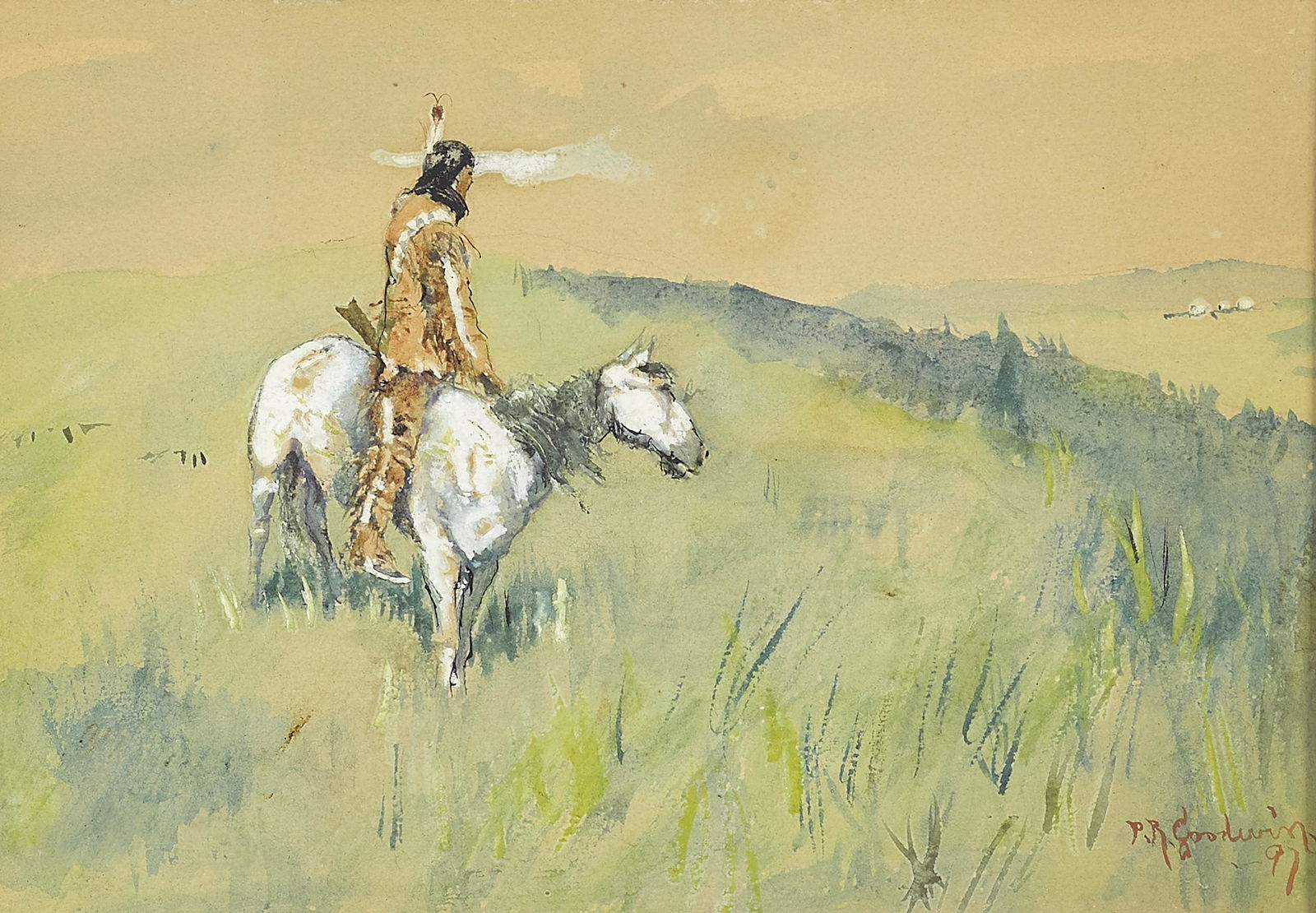 Philip Russell Goodwin (1882-1935) Native figure on horseback observing a wagon train 6 1/2 x 9 ... (1 of 3)