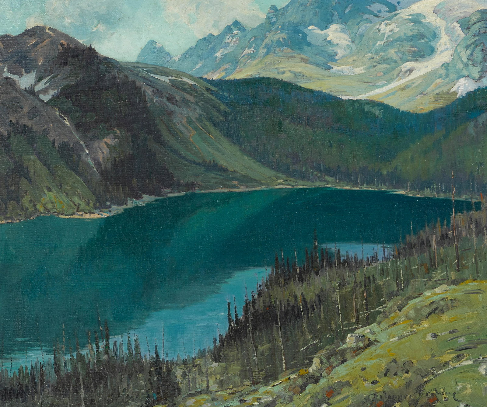 Belmore Browne (1880-1954) Marvel Lake (Alberta, Canada) 25 x 30 in. framed 32 1/2 x 37 1/2 in. ... (1 of 3)