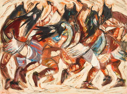 Bernice Lee (Burr) Singer (1912-1992) Pueblo Corn Dance sight 26 1/2 x 38 1/2 in. framed 39 x 48...: Bernice Lee (Burr) Singer (1912-1992) Pueblo Corn Dance signed 'Burr Singer' (lower left) oil on Masonite sight 26 1/2 x 38 1/2 in. framed 39 x 48 in. Footnotes: Provenance Private collecti